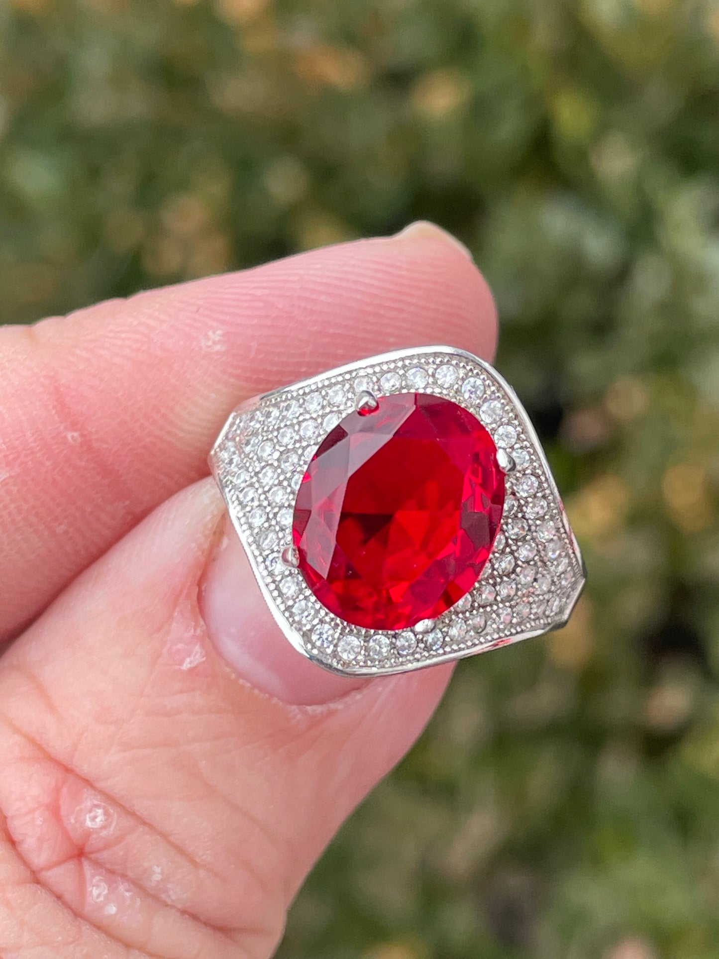 925 Sterling Silver Simulated Oval Ruby Micro-Pave’ Cz Shield Ring