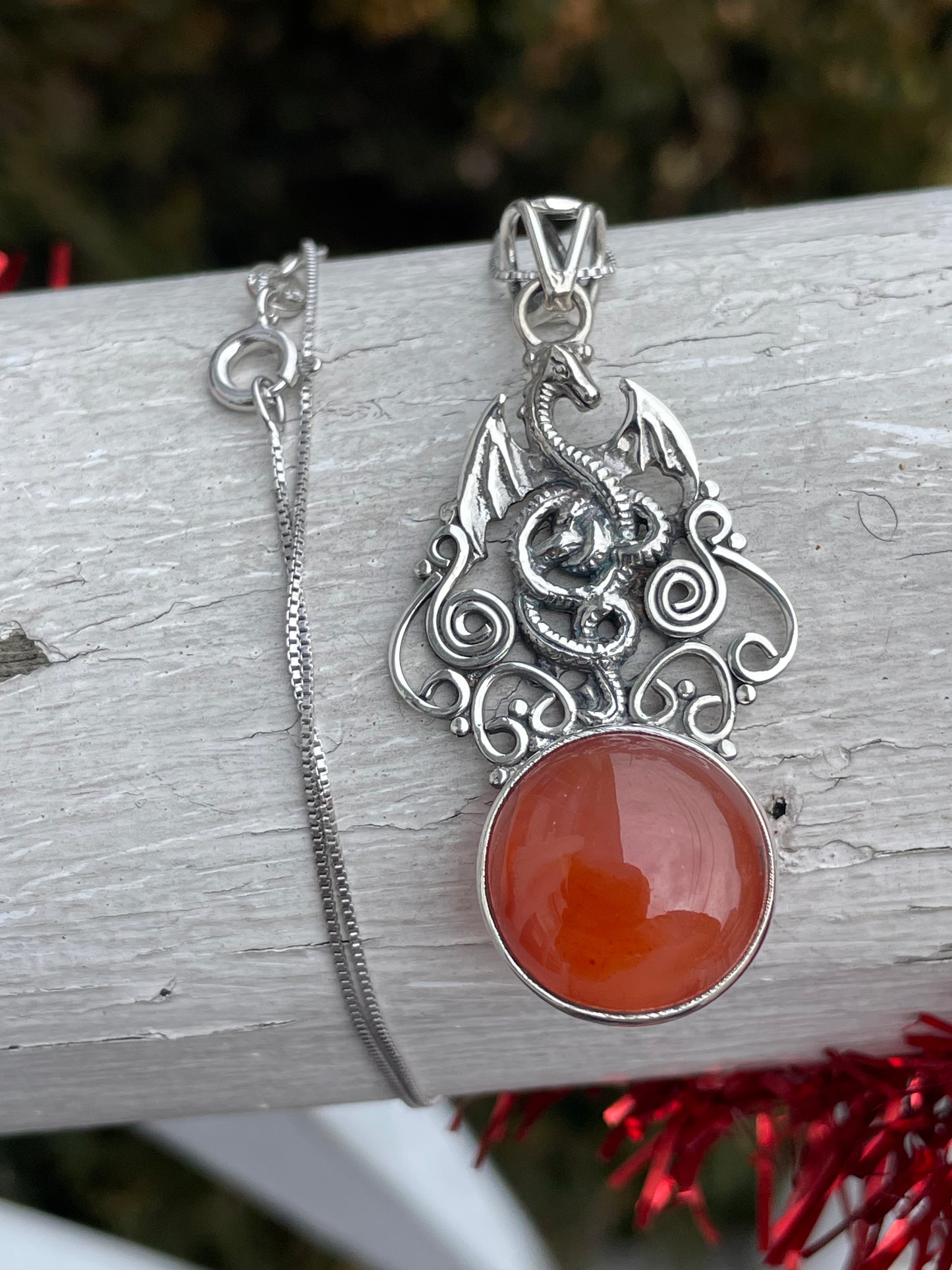 925 Sterling Silver Carnelian Dragon Necklace