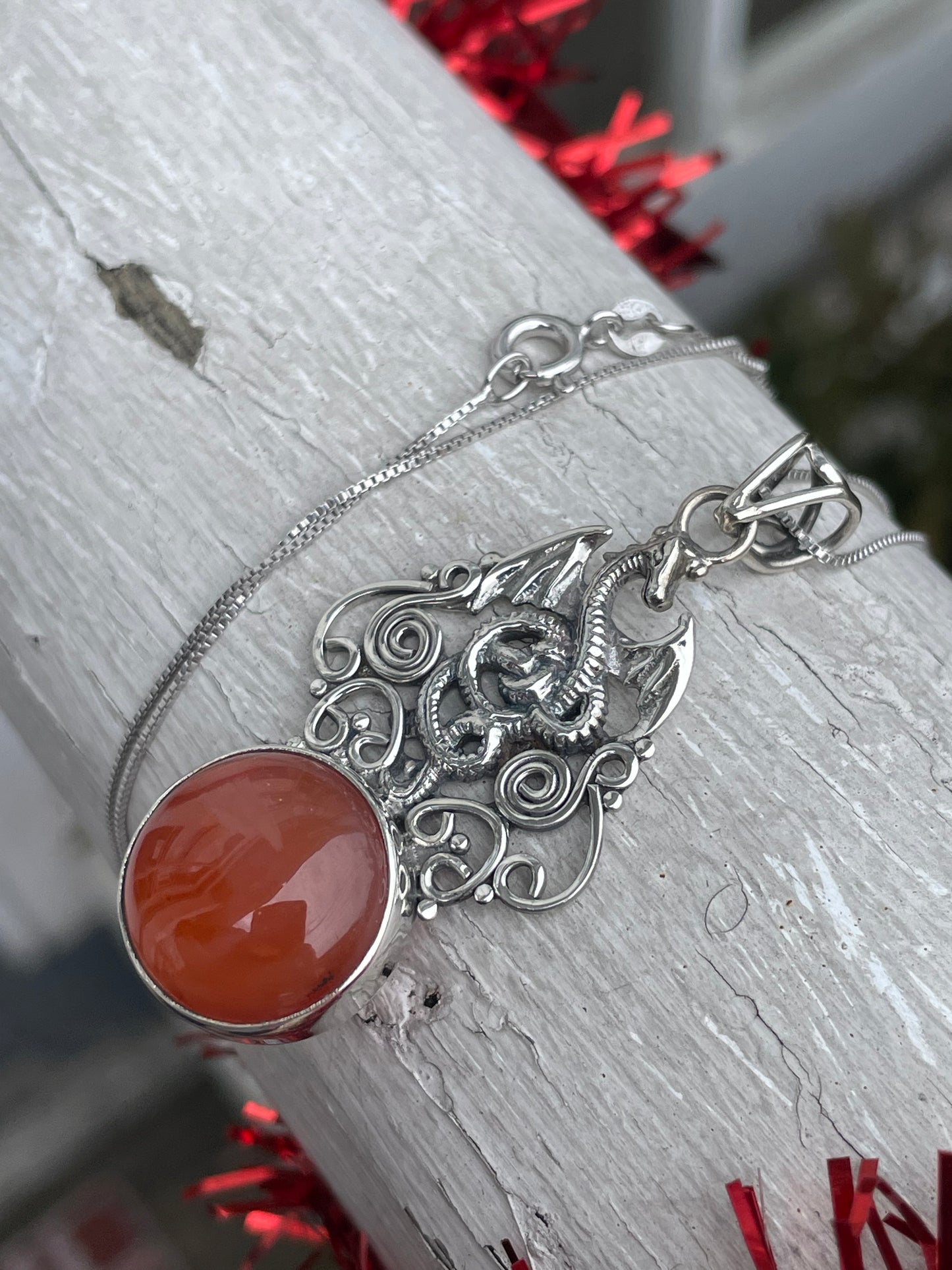 925 Sterling Silver Carnelian Dragon Necklace