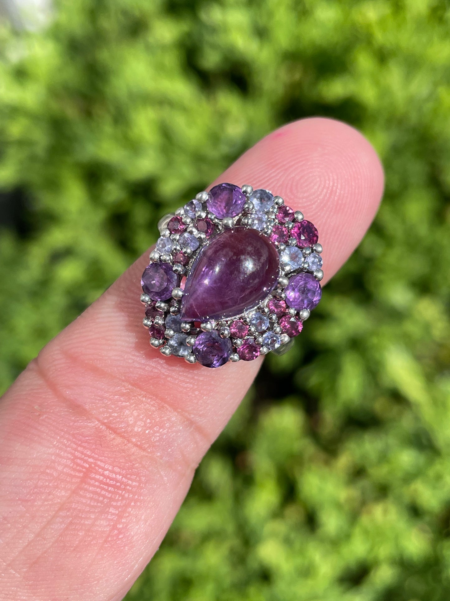 925 Sterling Silver Amethyst Tanzanite & Rhodolite Cluster Ring