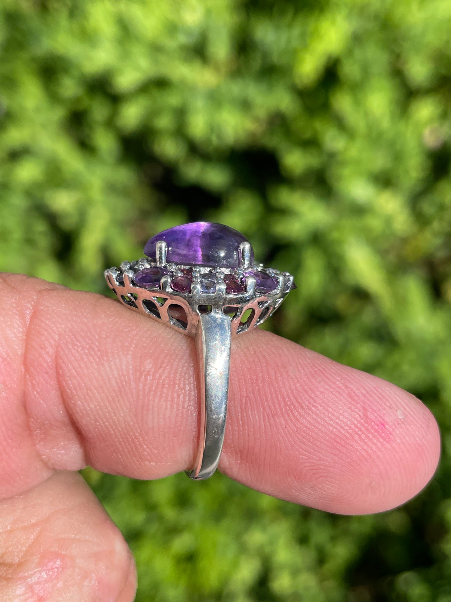925 Sterling Silver Amethyst Tanzanite & Rhodolite Cluster Ring