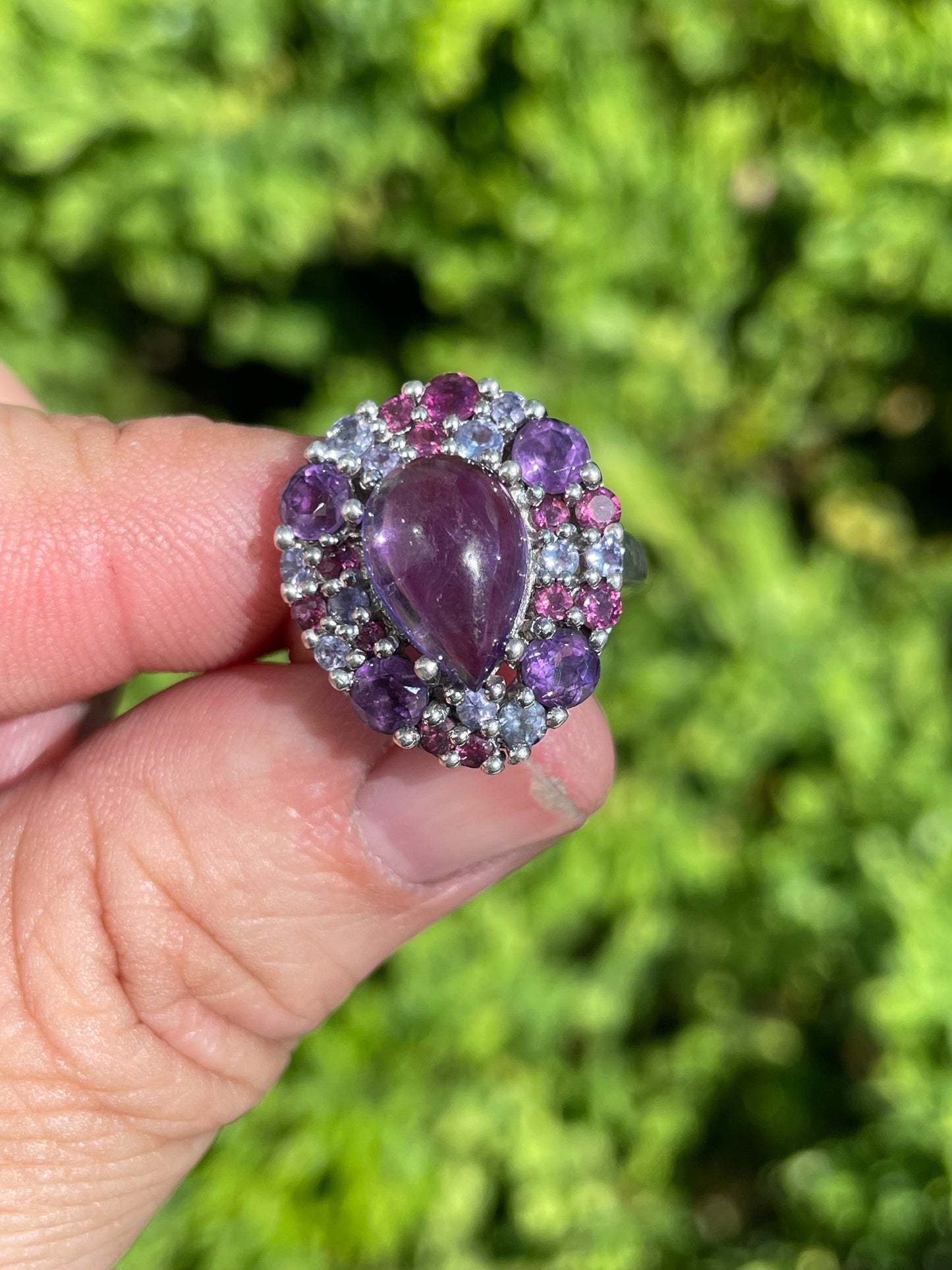 925 Sterling Silver Amethyst Tanzanite & Rhodolite Cluster Ring
