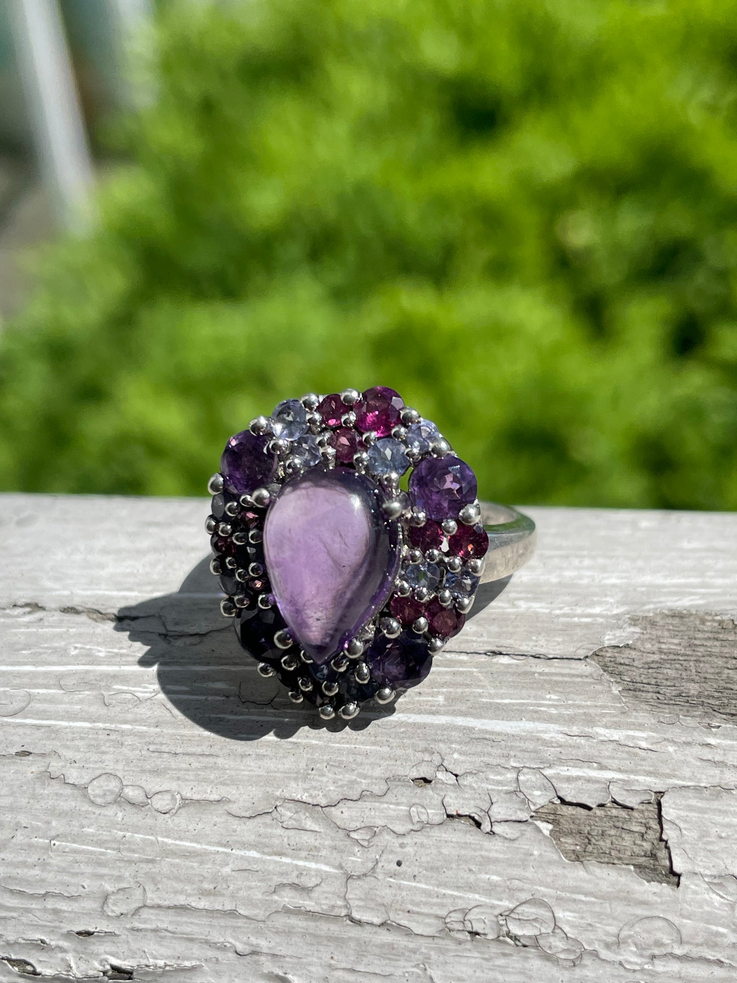925 Sterling Silver Amethyst Tanzanite & Rhodolite Cluster Ring