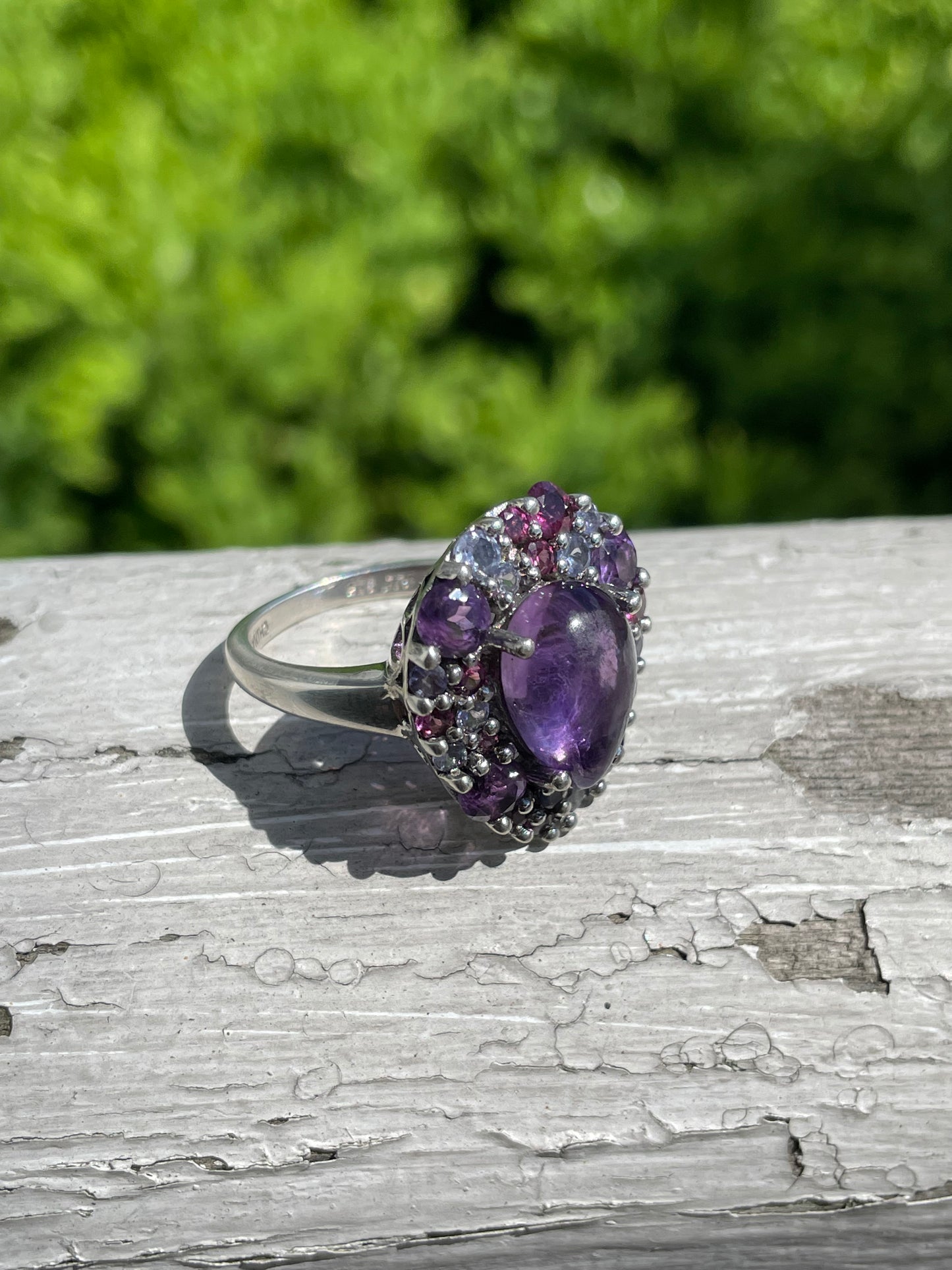 925 Sterling Silver Amethyst Tanzanite & Rhodolite Cluster Ring