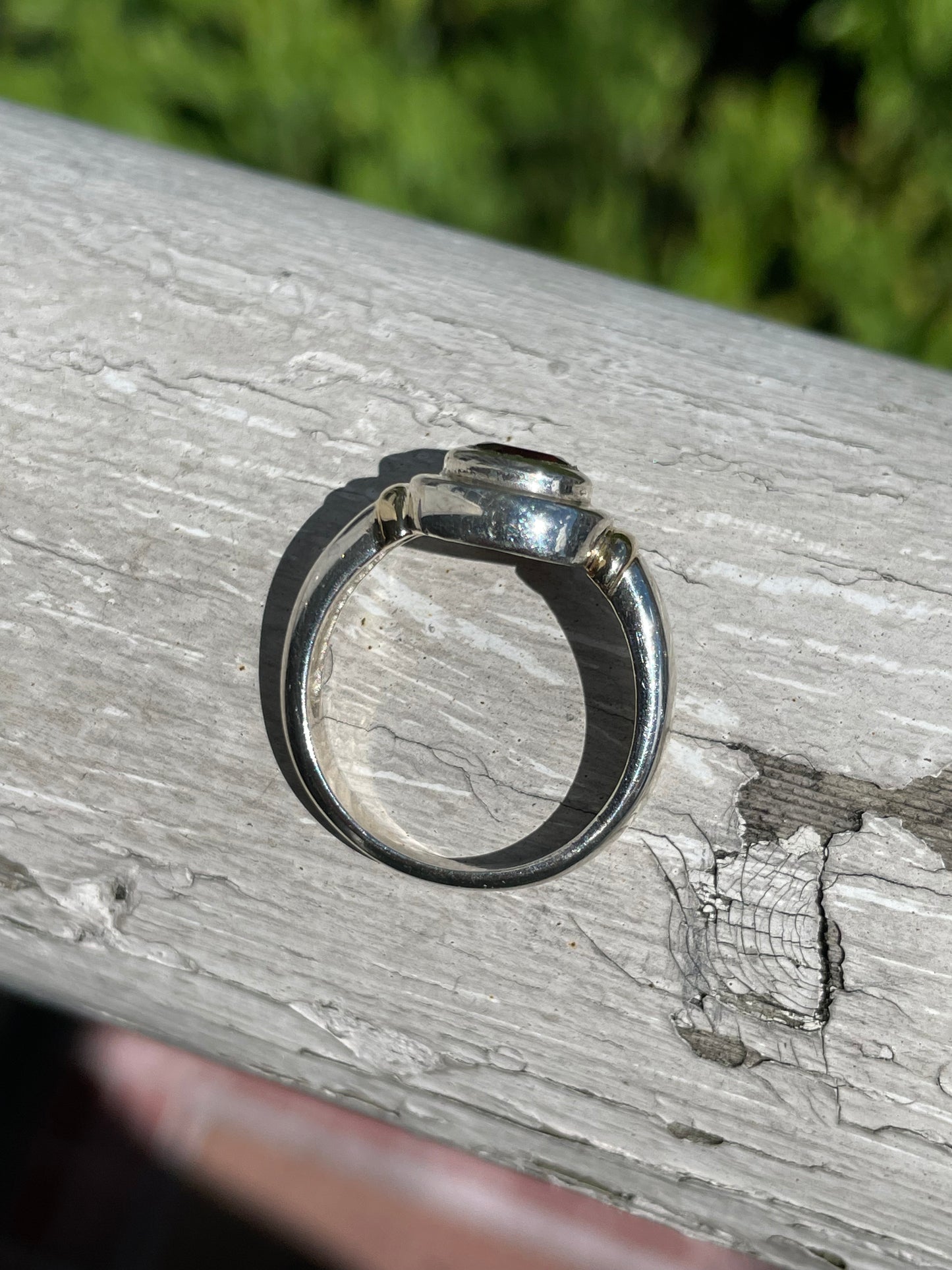 925 Sterling Silver & 14k Gold Bezel Garnet Modernist Decor Ring