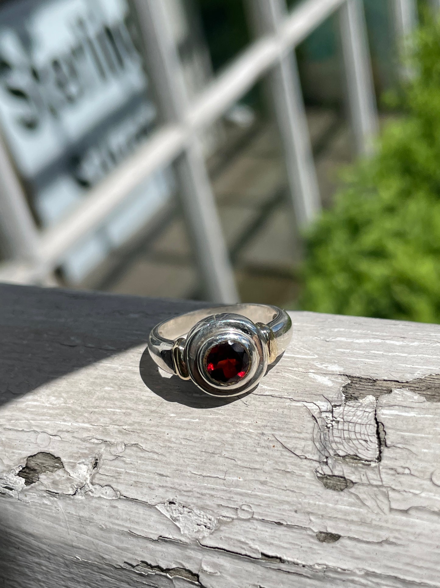 925 Sterling Silver & 14k Gold Bezel Garnet Modernist Decor Ring