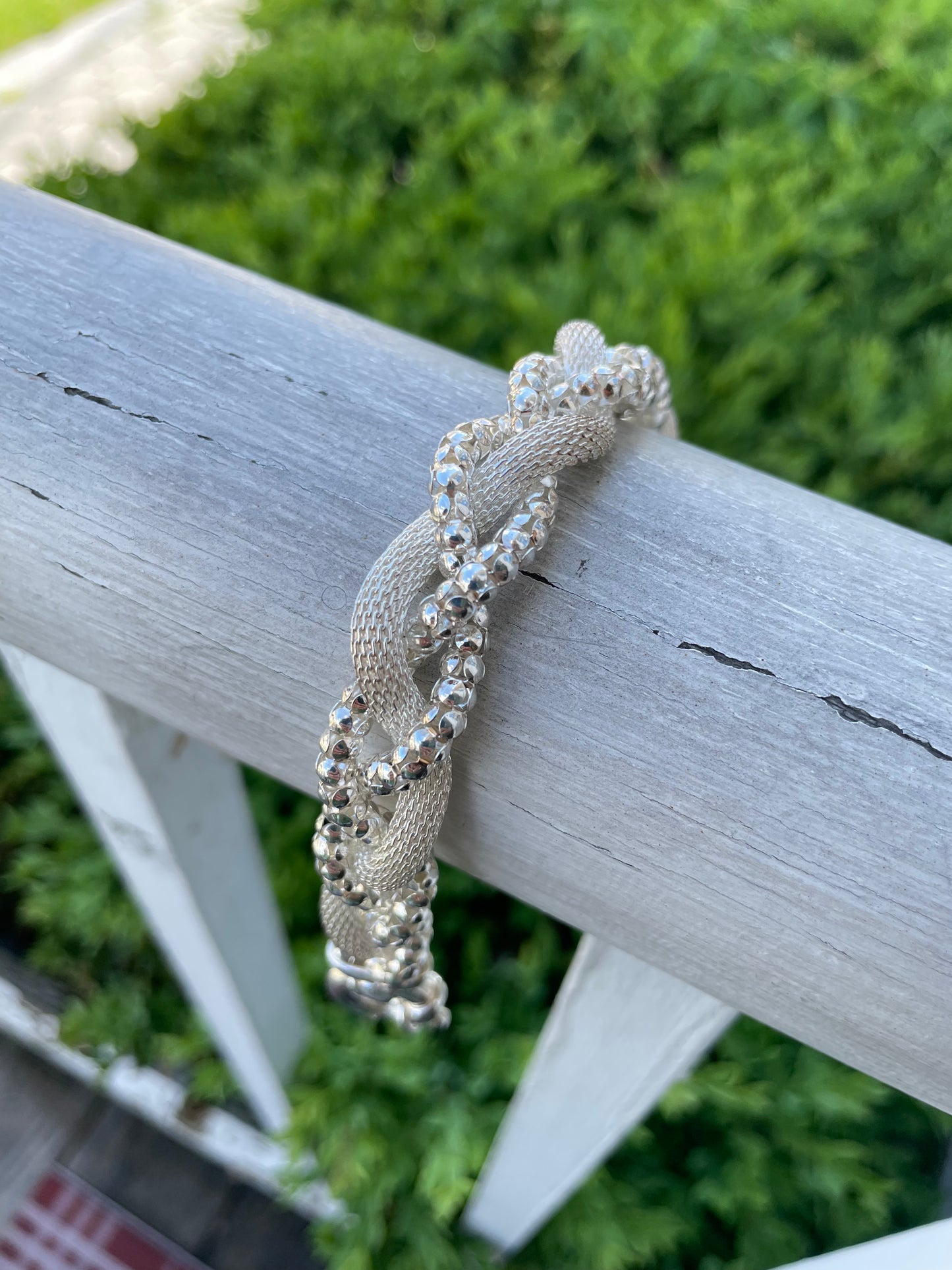 925 Sterling Silver Braided Popcorn & Wheaton Link Bracelet