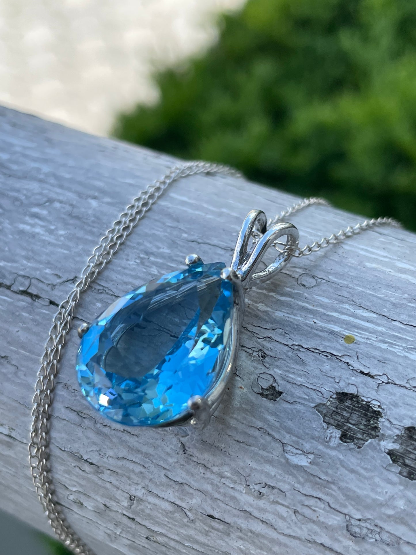 925 Sterling Silver Large 15.00ct Pear Shape Swiss Blue Topaz 20”Necklace