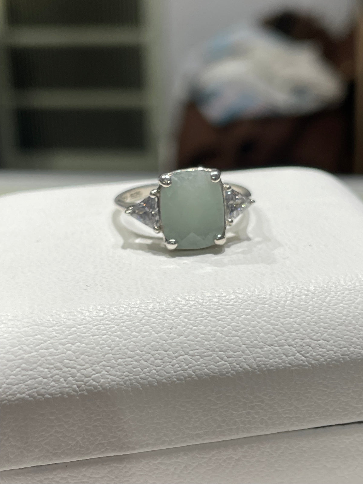 925 Sterling Silver Jade & Clear Zirconia Statement Ring Size 7