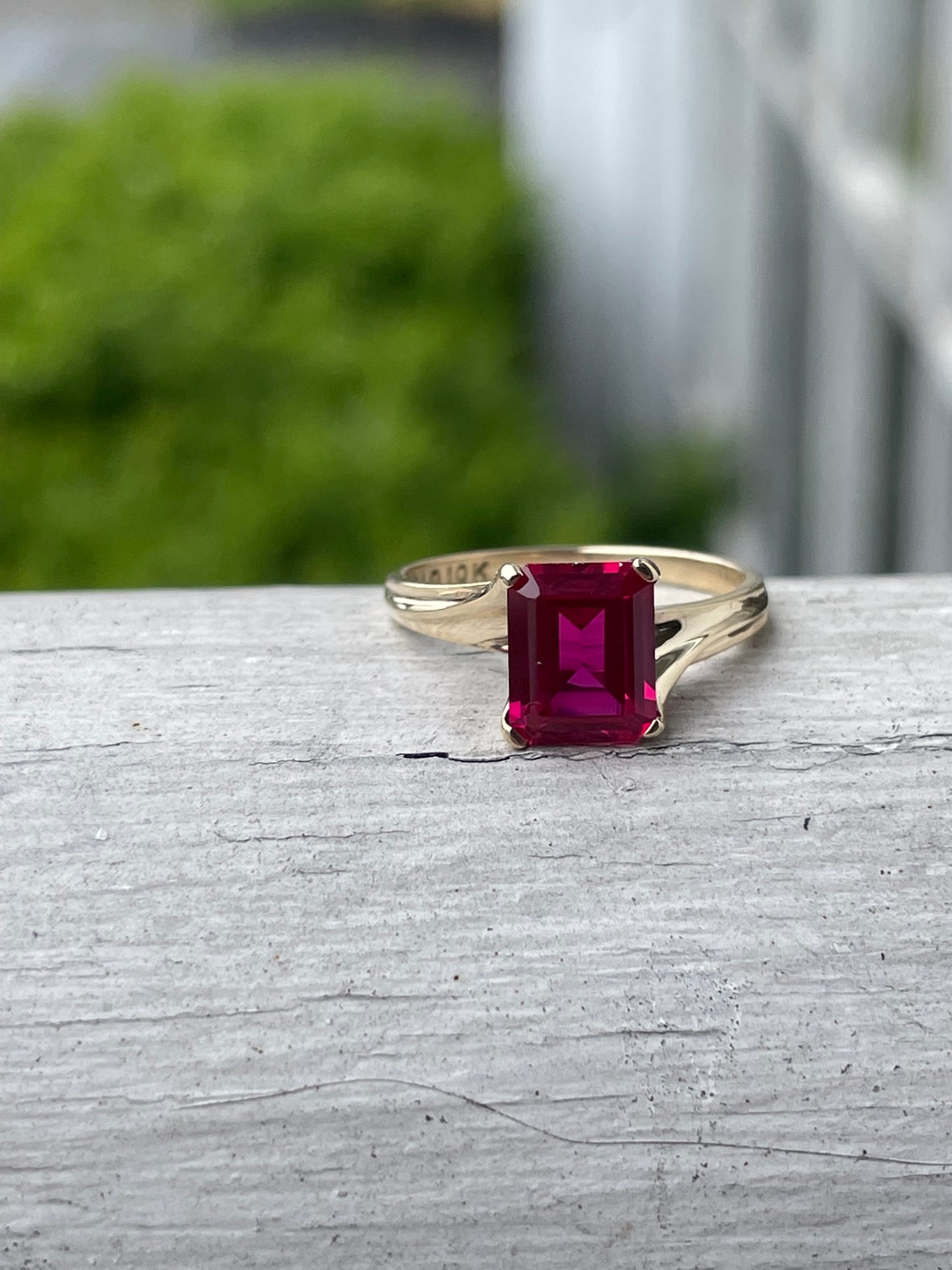 10K Gold Emerald Cut Synthetic Ruby Solitare Ring