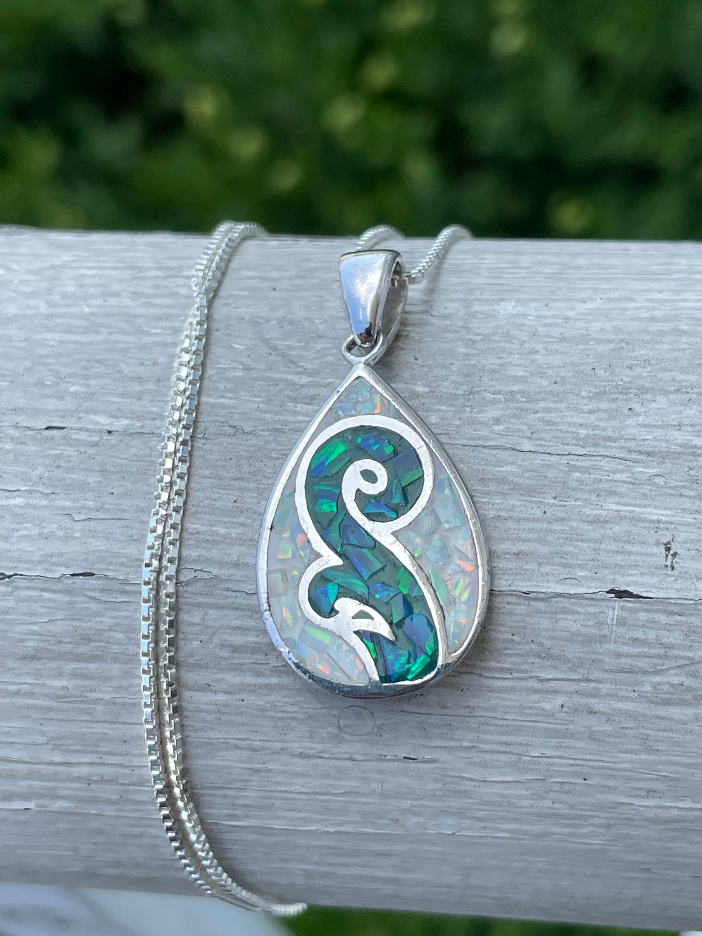 925 Sterling Silver Mosaic White & Blue Opal Teardrop Necklace