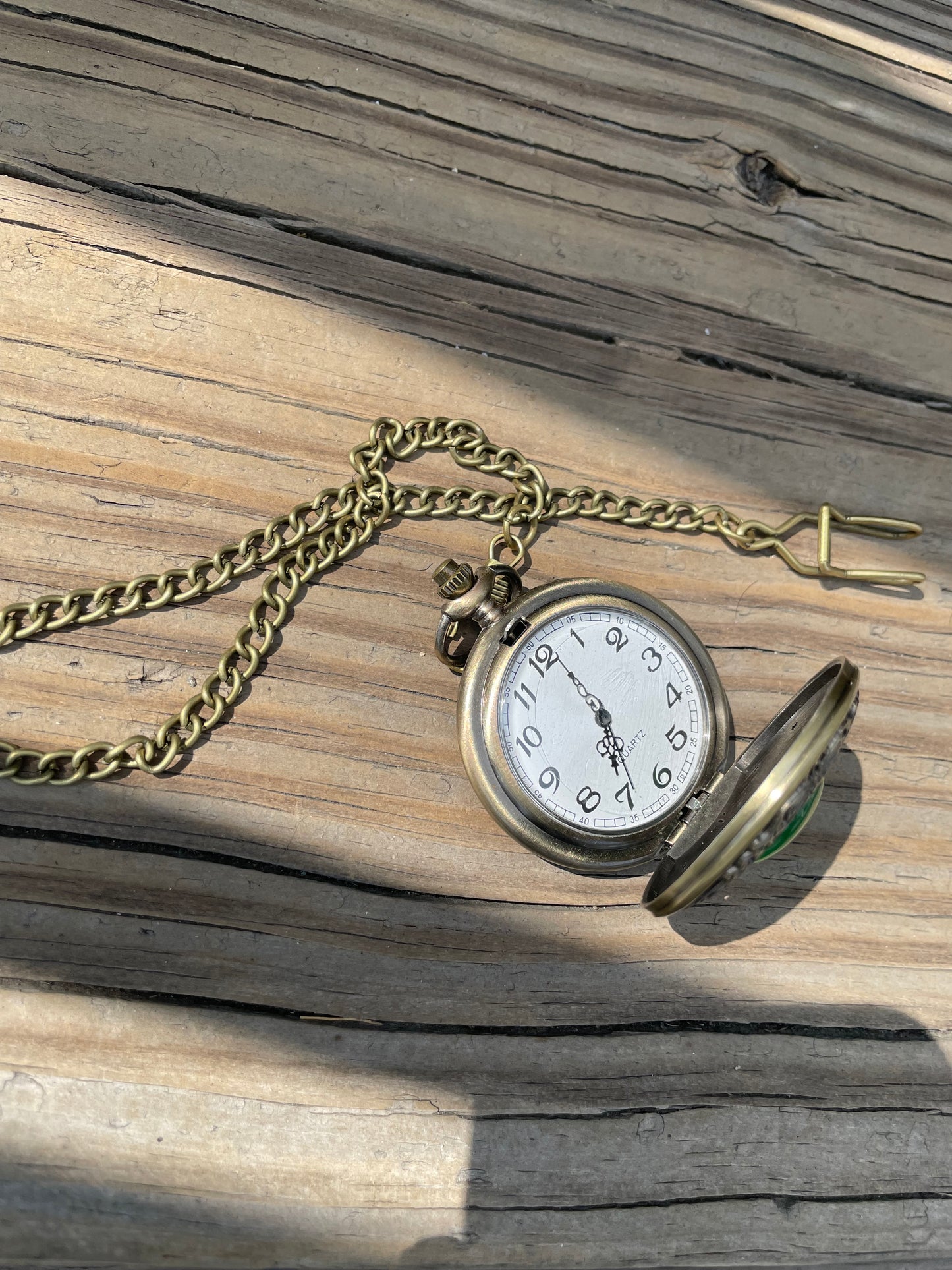 Green Aventurine Stone Brass Pocketwatch with belt clip