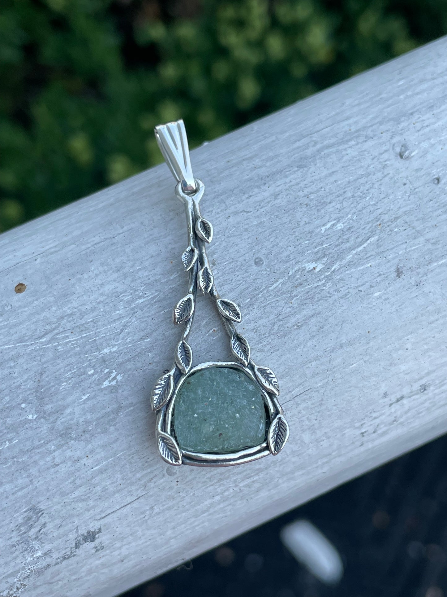 925 Sterling Silver Prehnite Tree Leaf Nature Setting Pendant