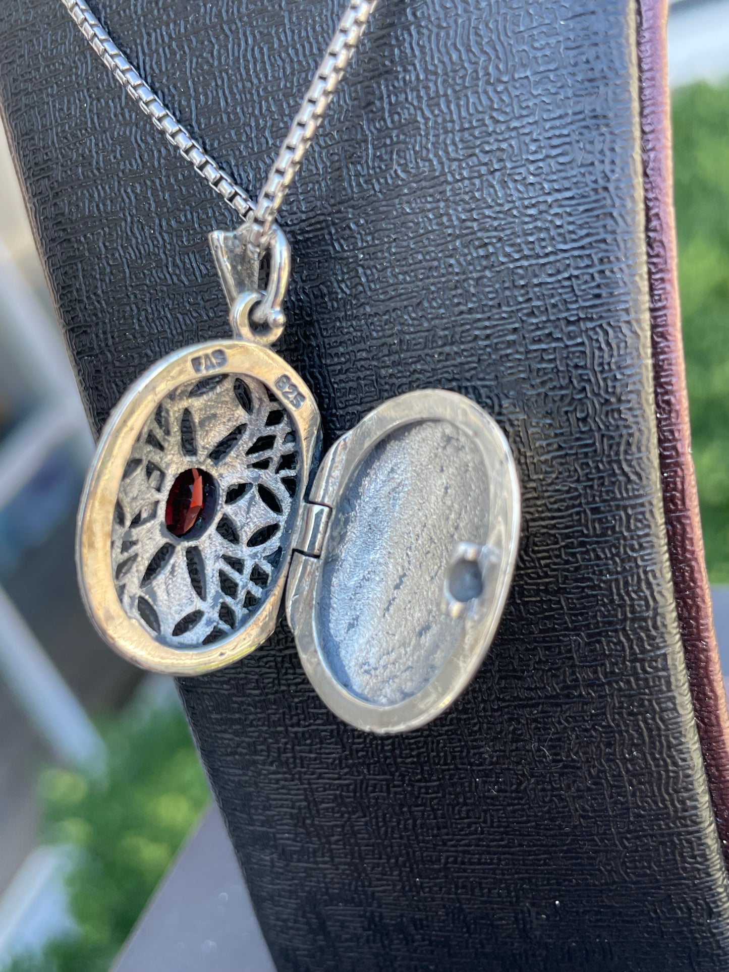 Vintage 925 Sterling Silver Garnet & Marcasite Locket Necklace