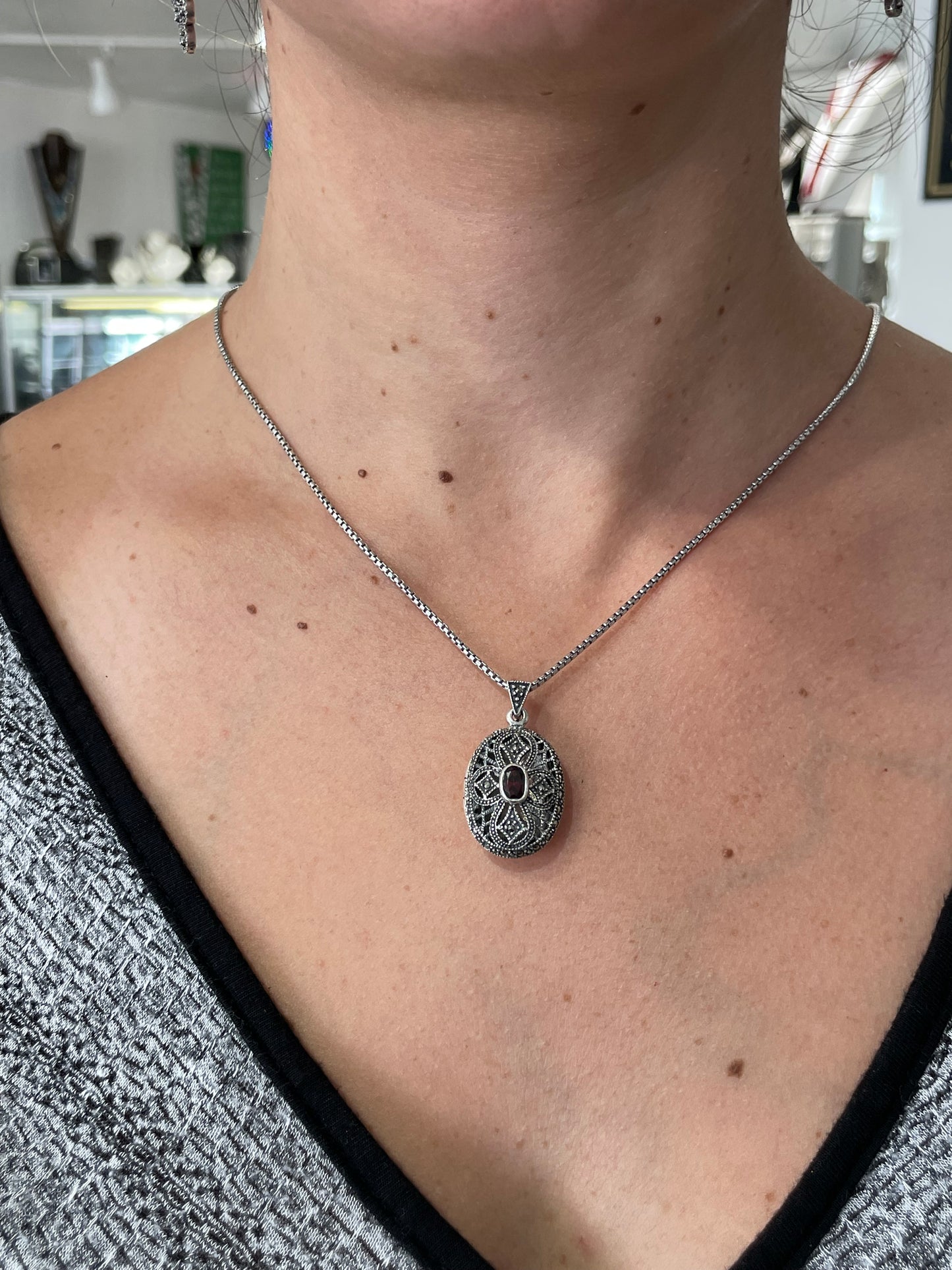 Vintage 925 Sterling Silver Garnet & Marcasite Locket Necklace