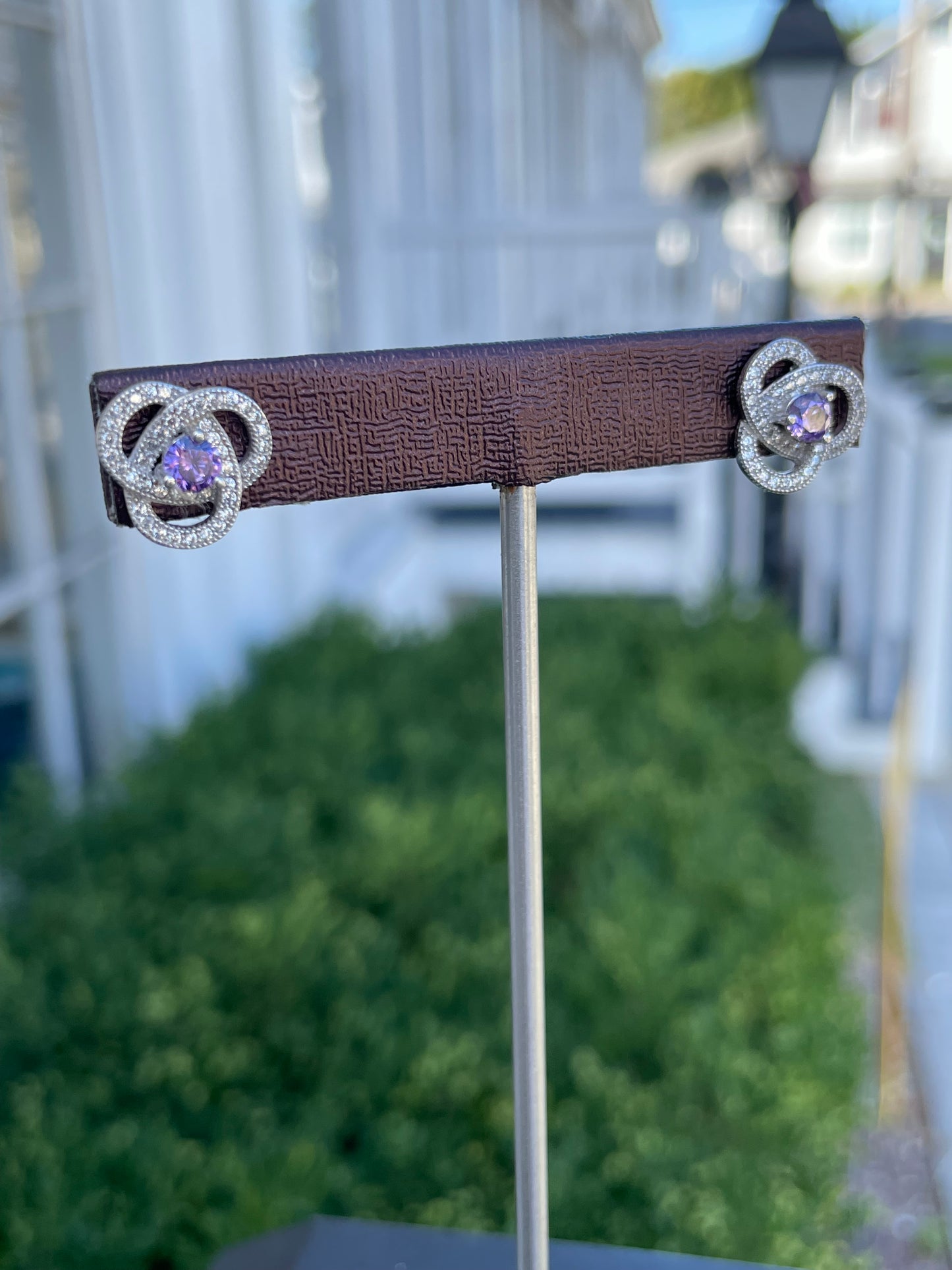 925 Sterling Silver Synthetic Amethyst Celtic Knot Stud Earrings