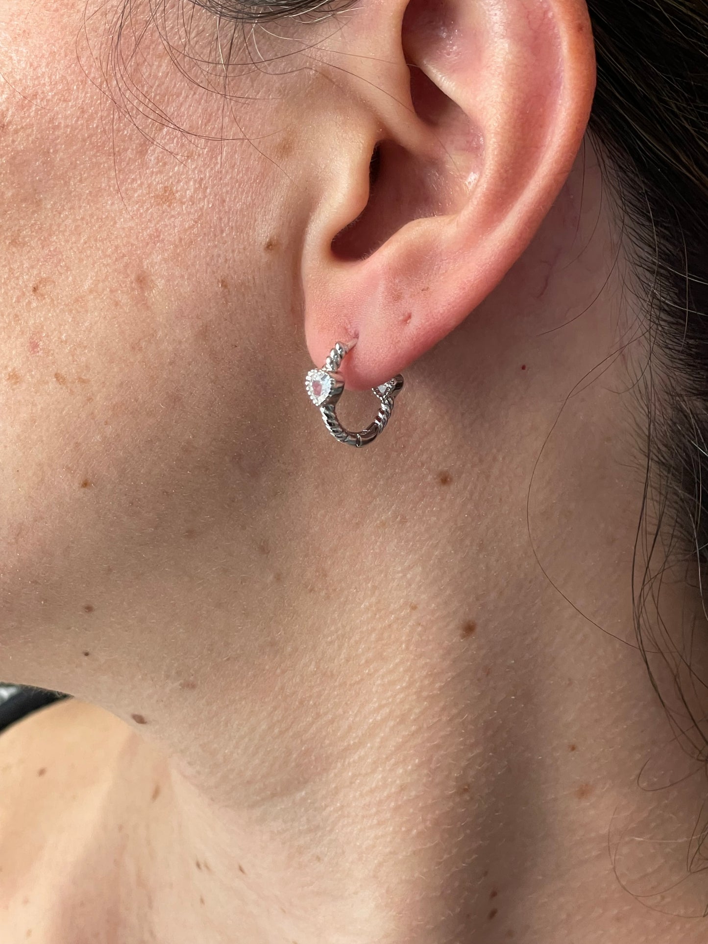 925 Sterling Silver Rope Design Heart Huggy Hoop Earrings