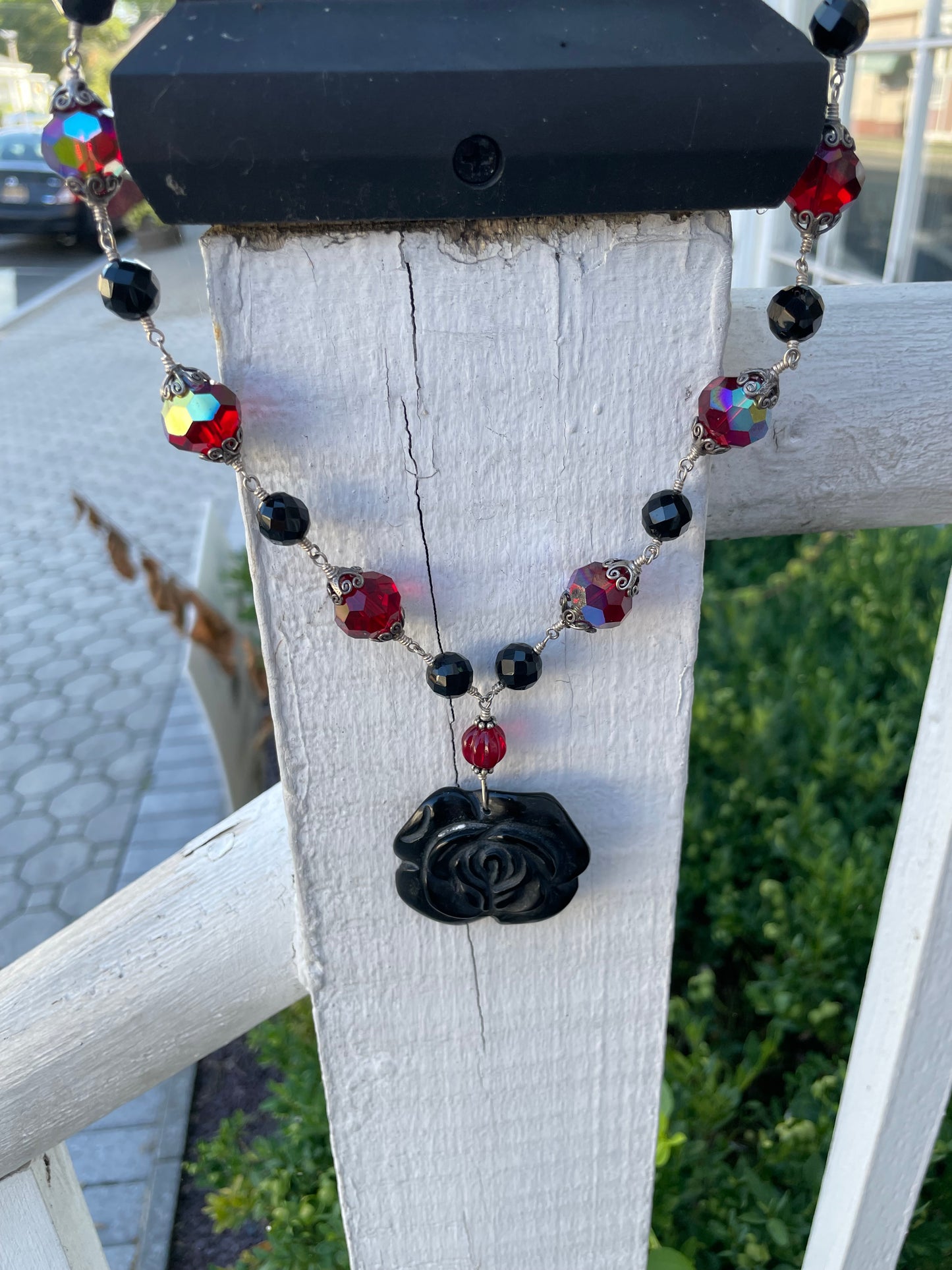 925 Sterling Silver Vampire Queen Black Rose Beaded Necklace