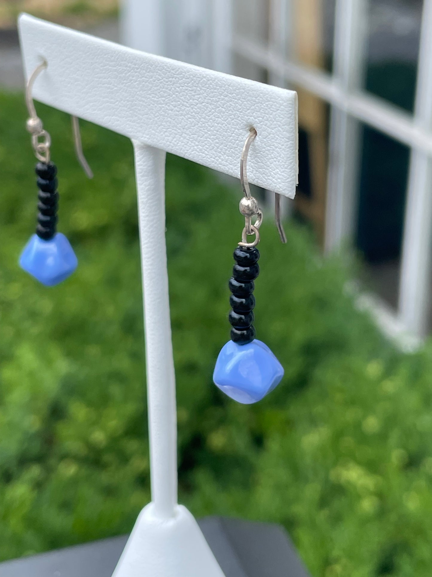 925 Sterling Silver Black Obsidian & Blue Opalite Drop Earrings