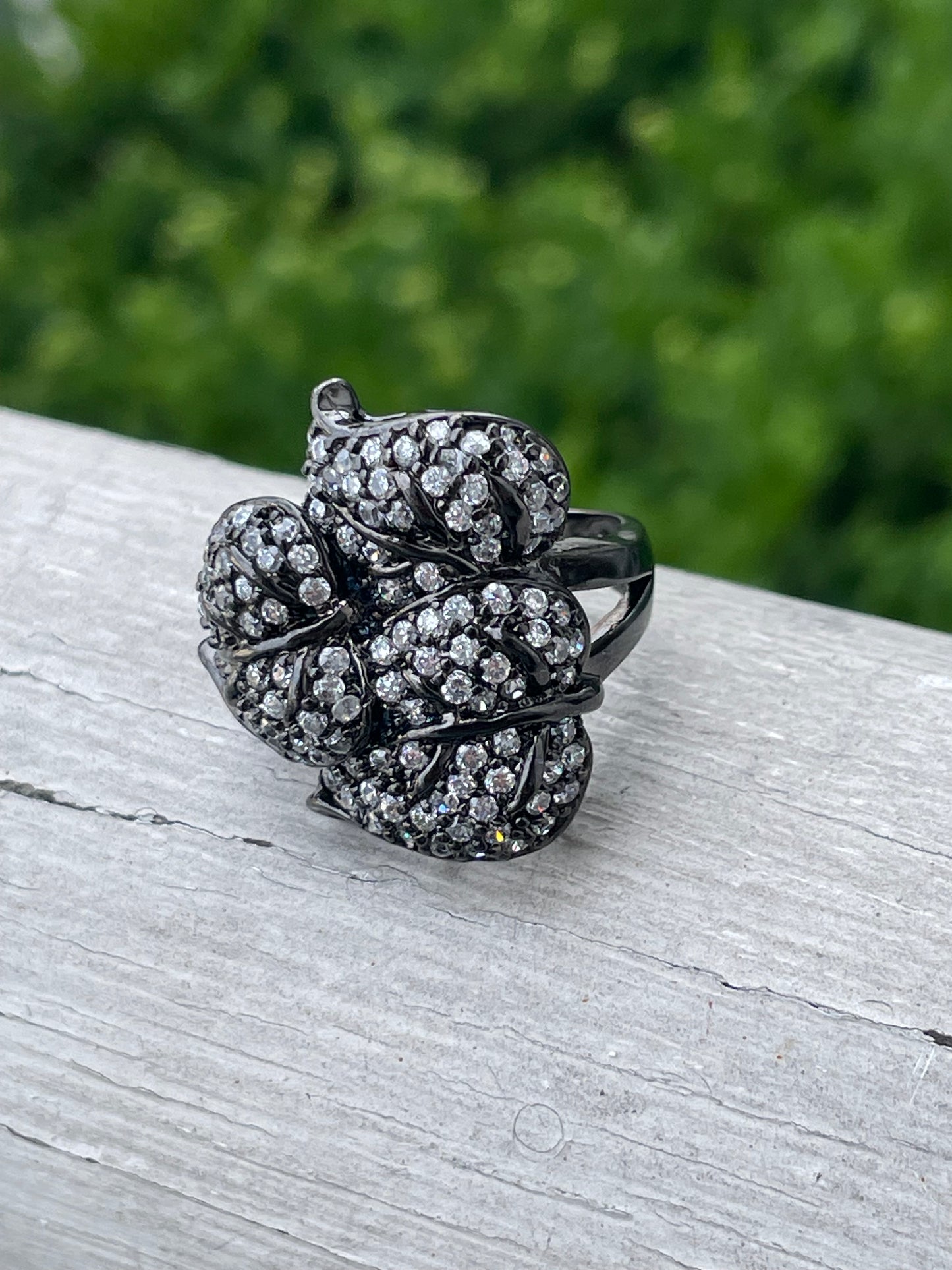 925 Sterling Silver Oxidized Lilypad Zirconia Cluster Ring