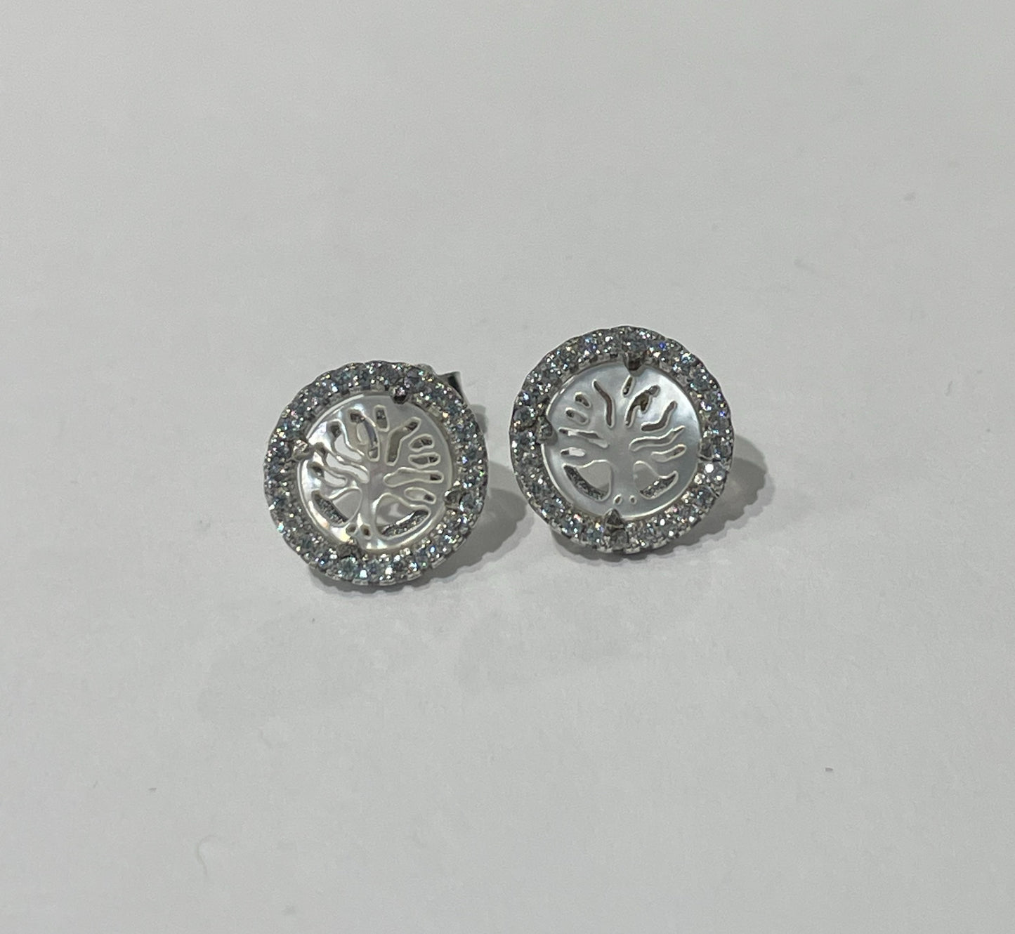 925 Sterling Silver Mother of Pearl Family Tree Cz Halo Earring Studs