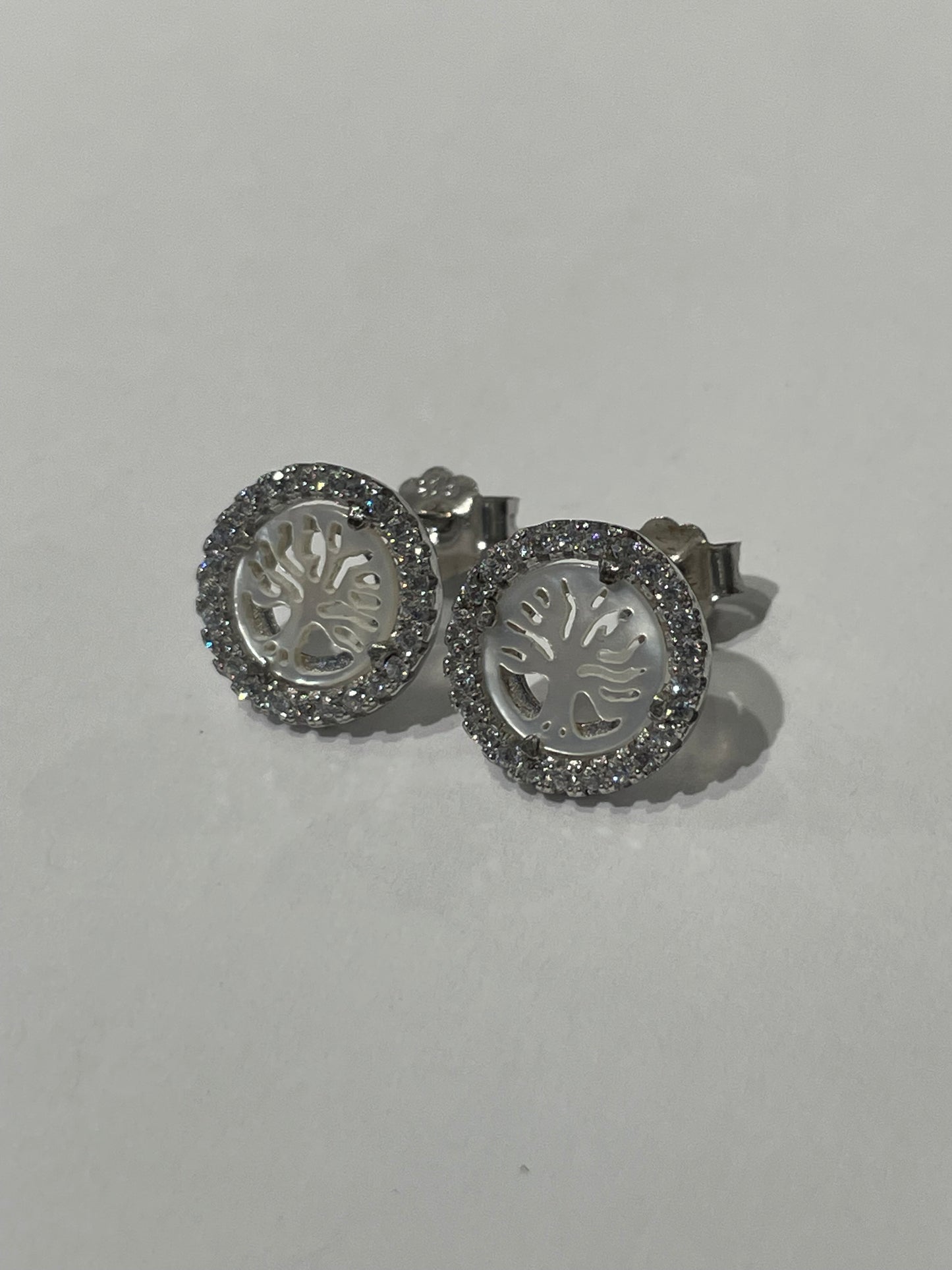 925 Sterling Silver Mother of Pearl Family Tree Cz Halo Earring Studs