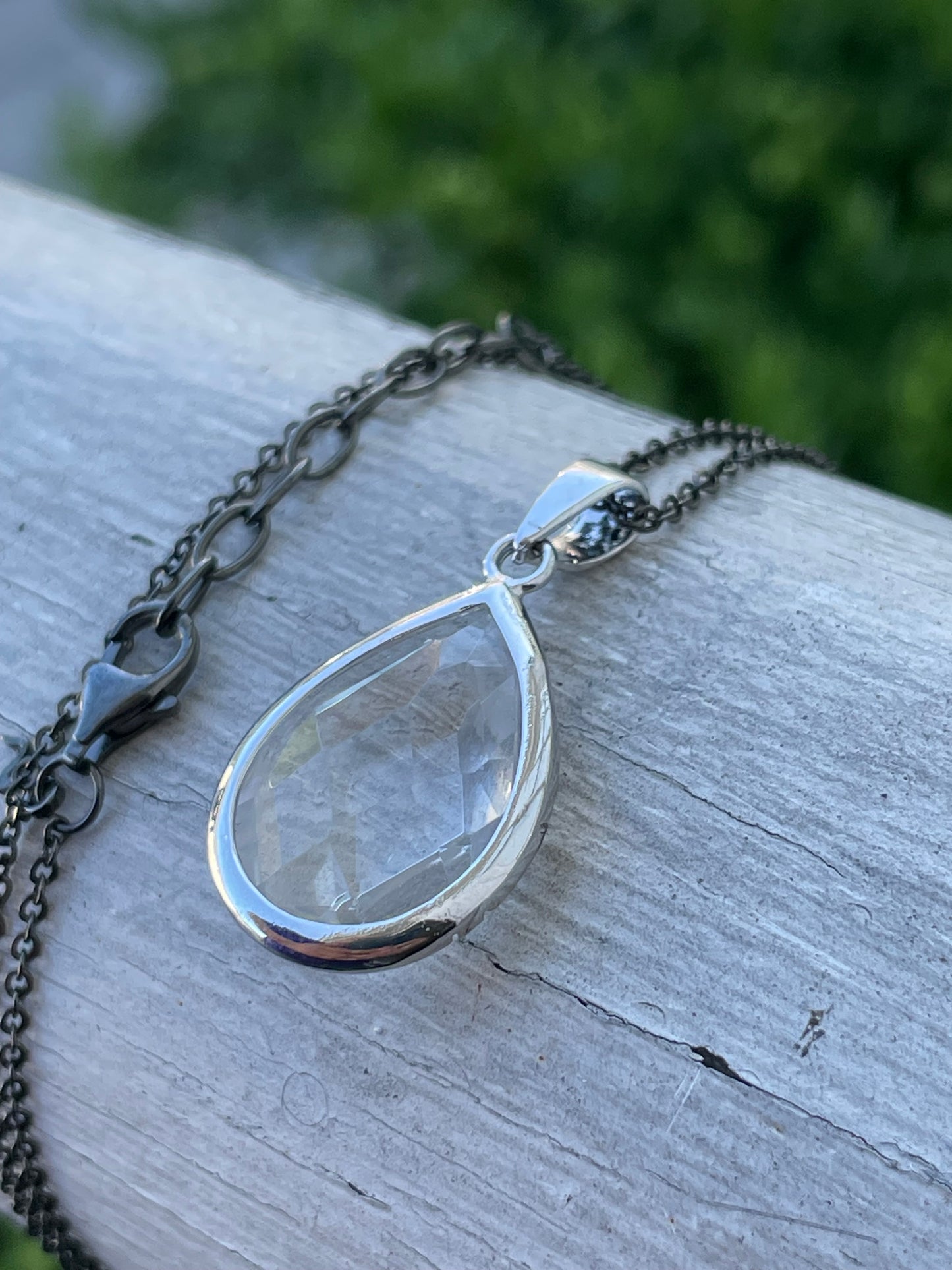 925 Sterling Silver Clear Crystal Teardrop w/ Oxidized Necklace