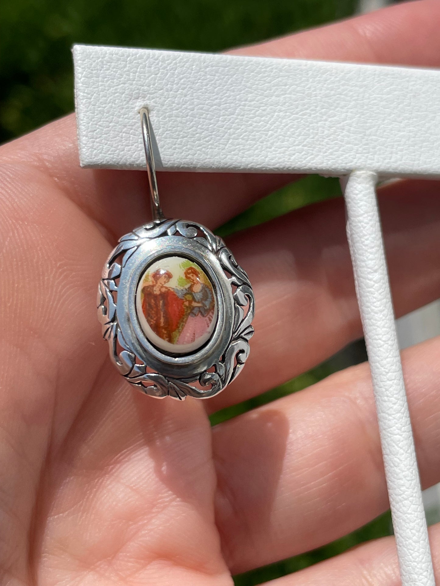 925 Sterling Silver Shell Cameo Tea Party Image Dangle Earrings