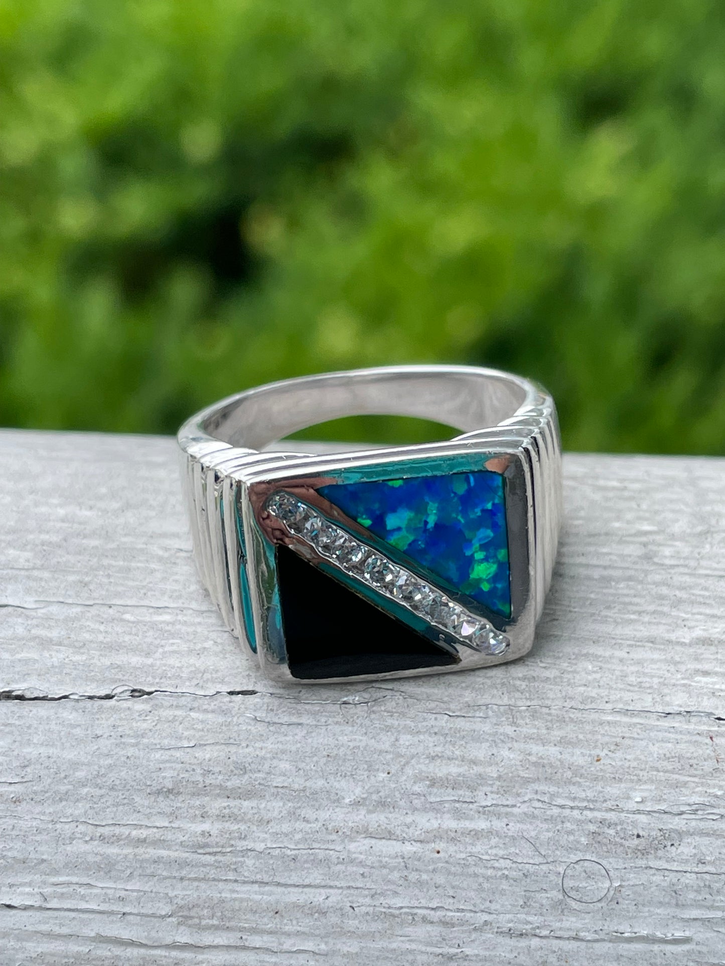 Mens 925 Sterling Silver Black Opal, Onyx, & Clear Zirconia Ring