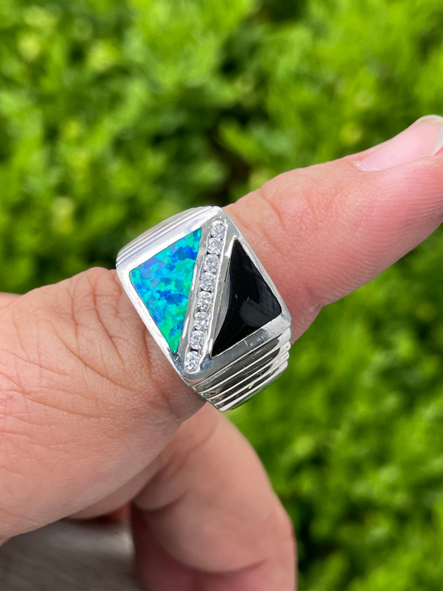 Mens 925 Sterling Silver Black Opal, Onyx, & Clear Zirconia Ring