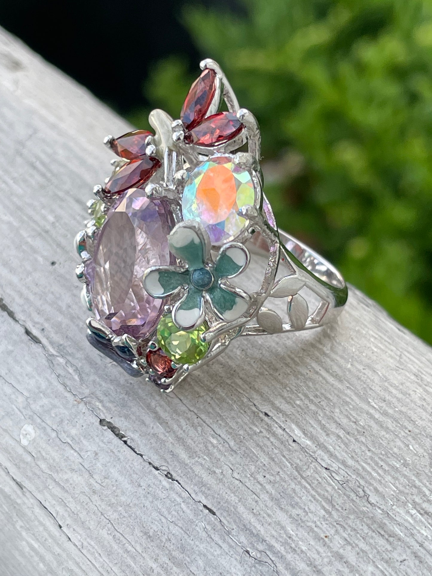 925 Sterling Silver "Summertime Madness" Dragonfly Multi-stone Garden Ring