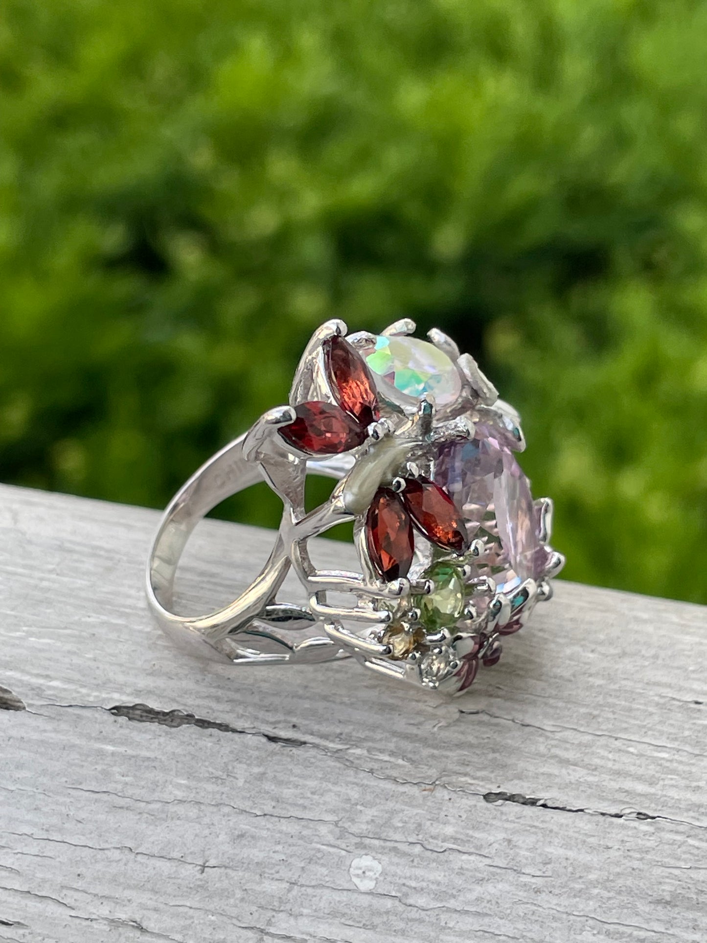 925 Sterling Silver "Summertime Madness" Dragonfly Multi-stone Garden Ring