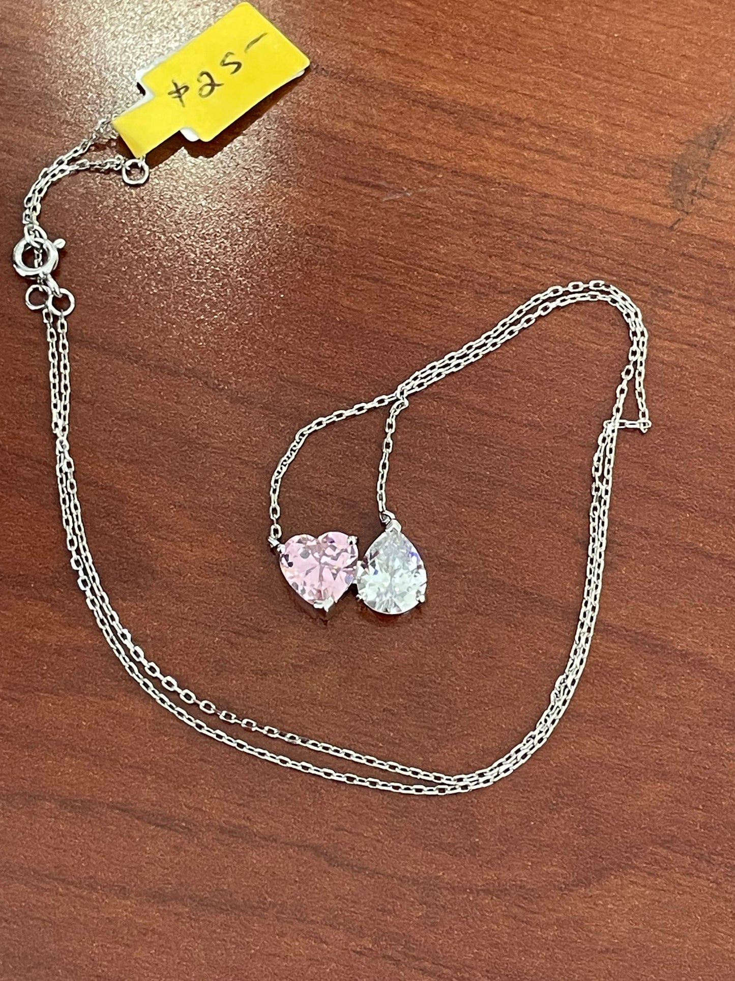 925 Sterling Silver "Two of a Kind" Pink & Clear Zirconia Necklace