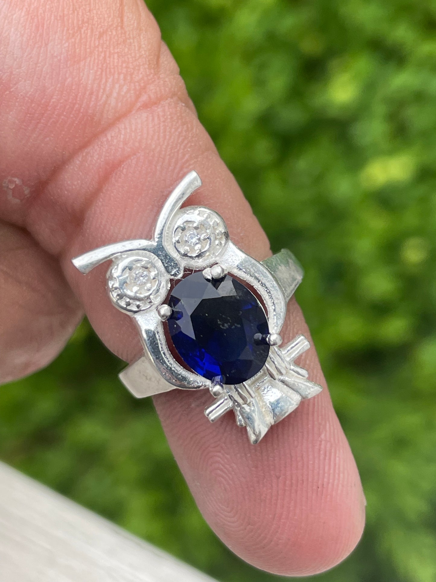 925 Sterling Silver Wise Owl Synthetic Sapphire Ring