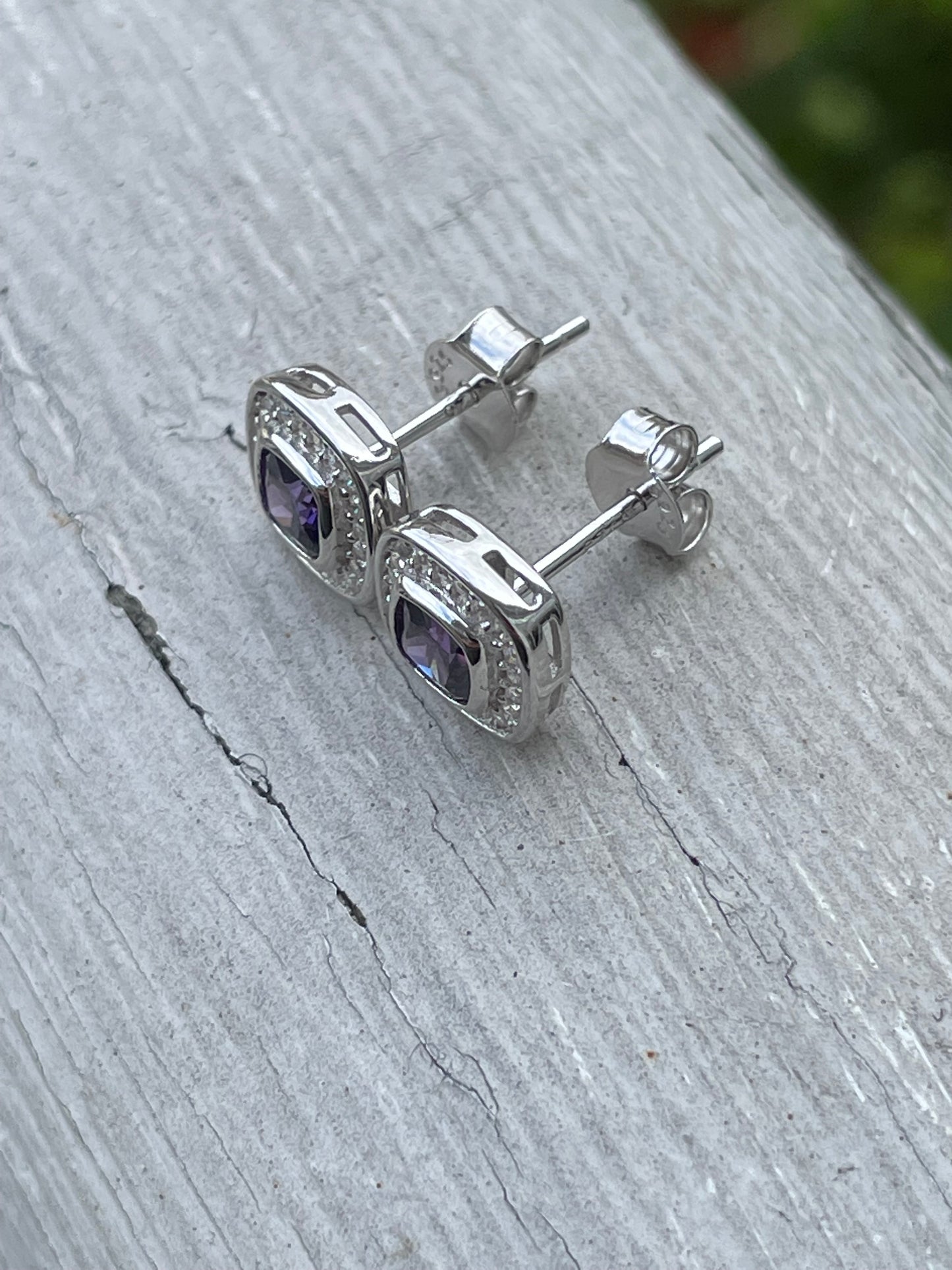 925 Sterling Silver Petite Amethyst & Cz Earrings