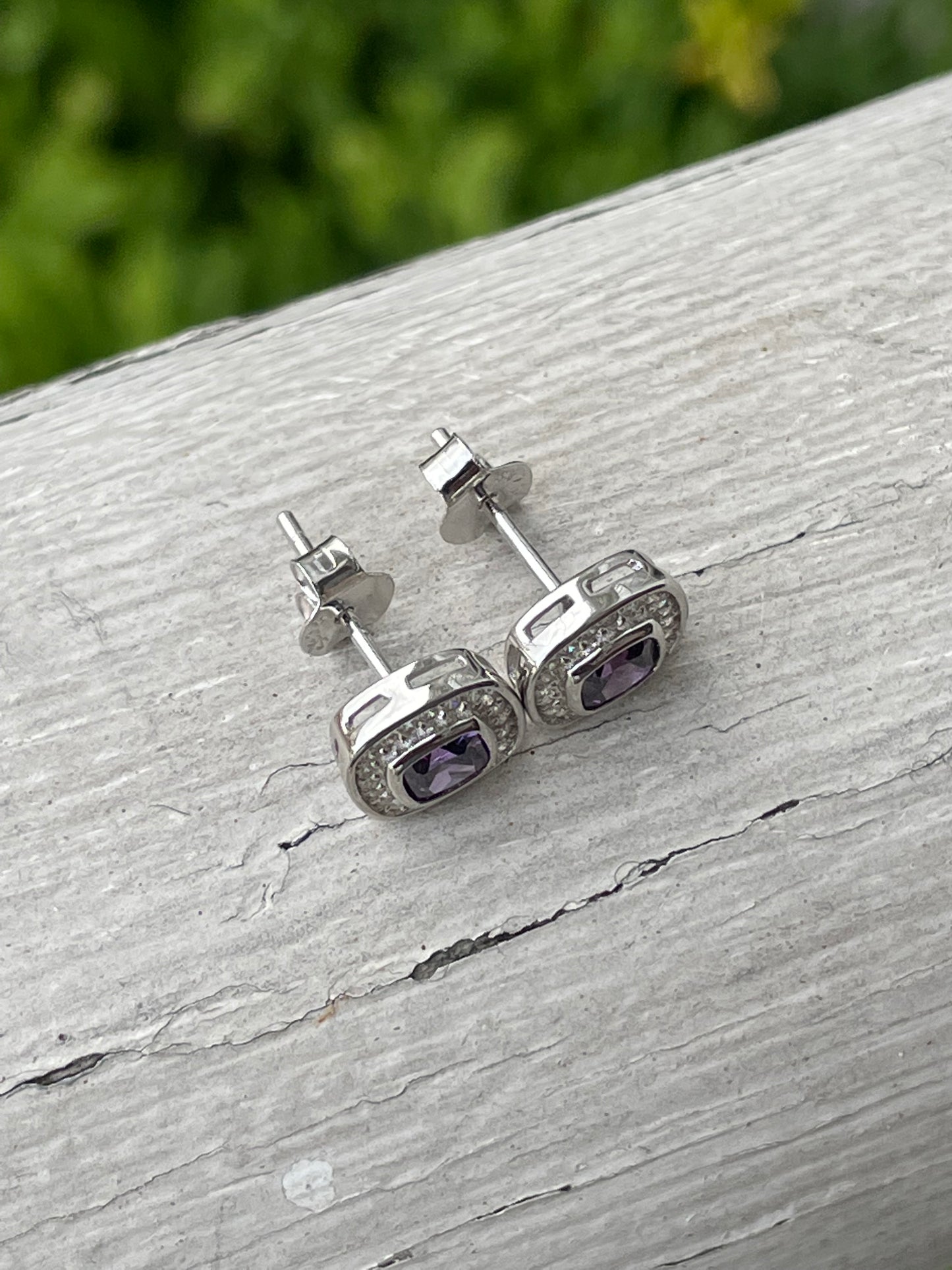 925 Sterling Silver Petite Amethyst & Cz Earrings