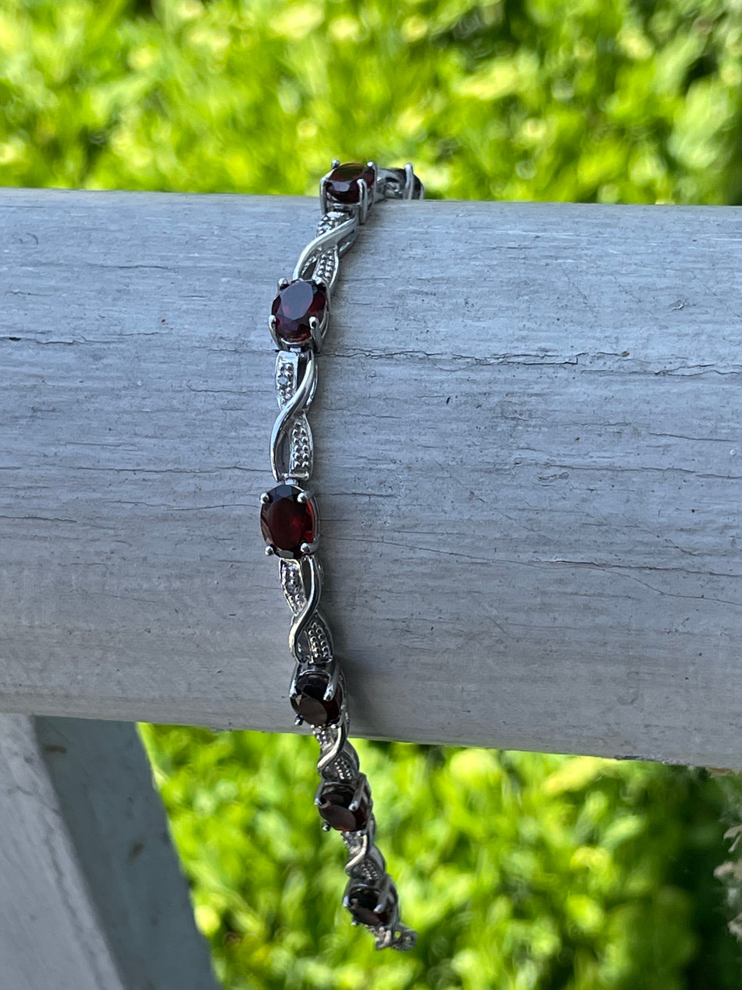 925 Sterling Silver Garnet & Diamond Tennis Bracelet 7.5"