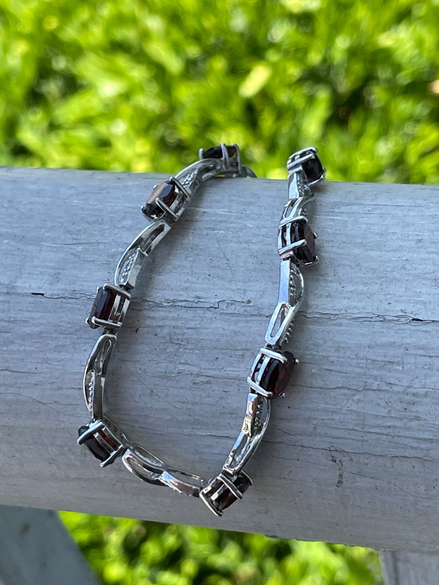 925 Sterling Silver Garnet & Diamond Tennis Bracelet 7.5"