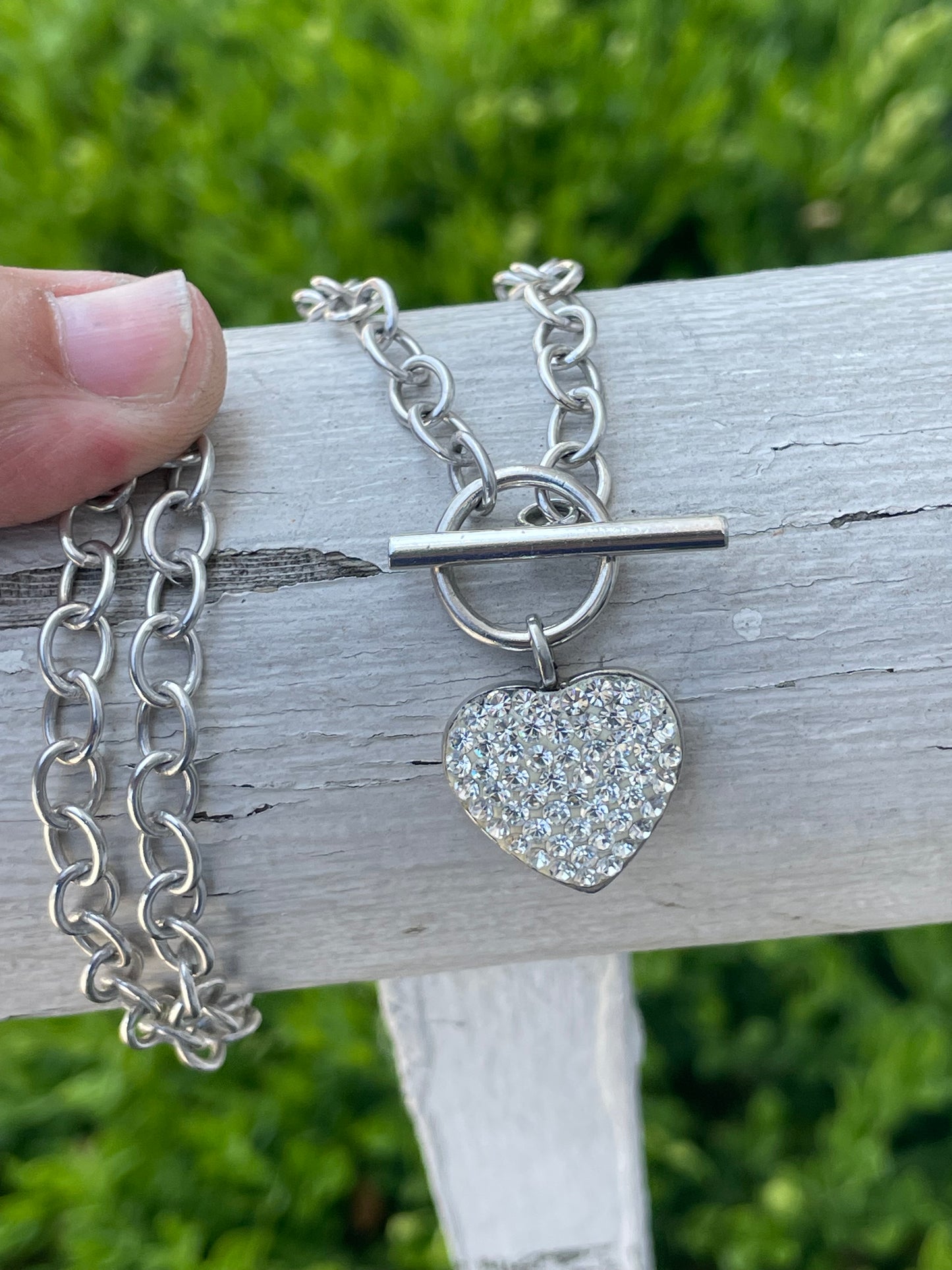 925 Sterling Tiffany style Toggle Sparkling Heart Necklace