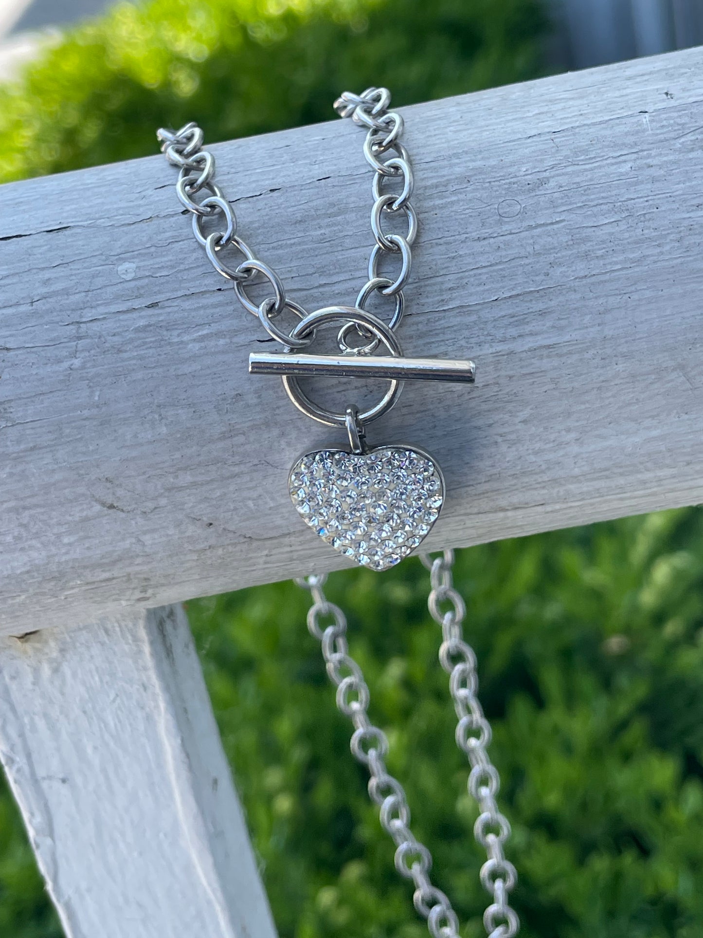 925 Sterling Tiffany style Toggle Sparkling Heart Necklace