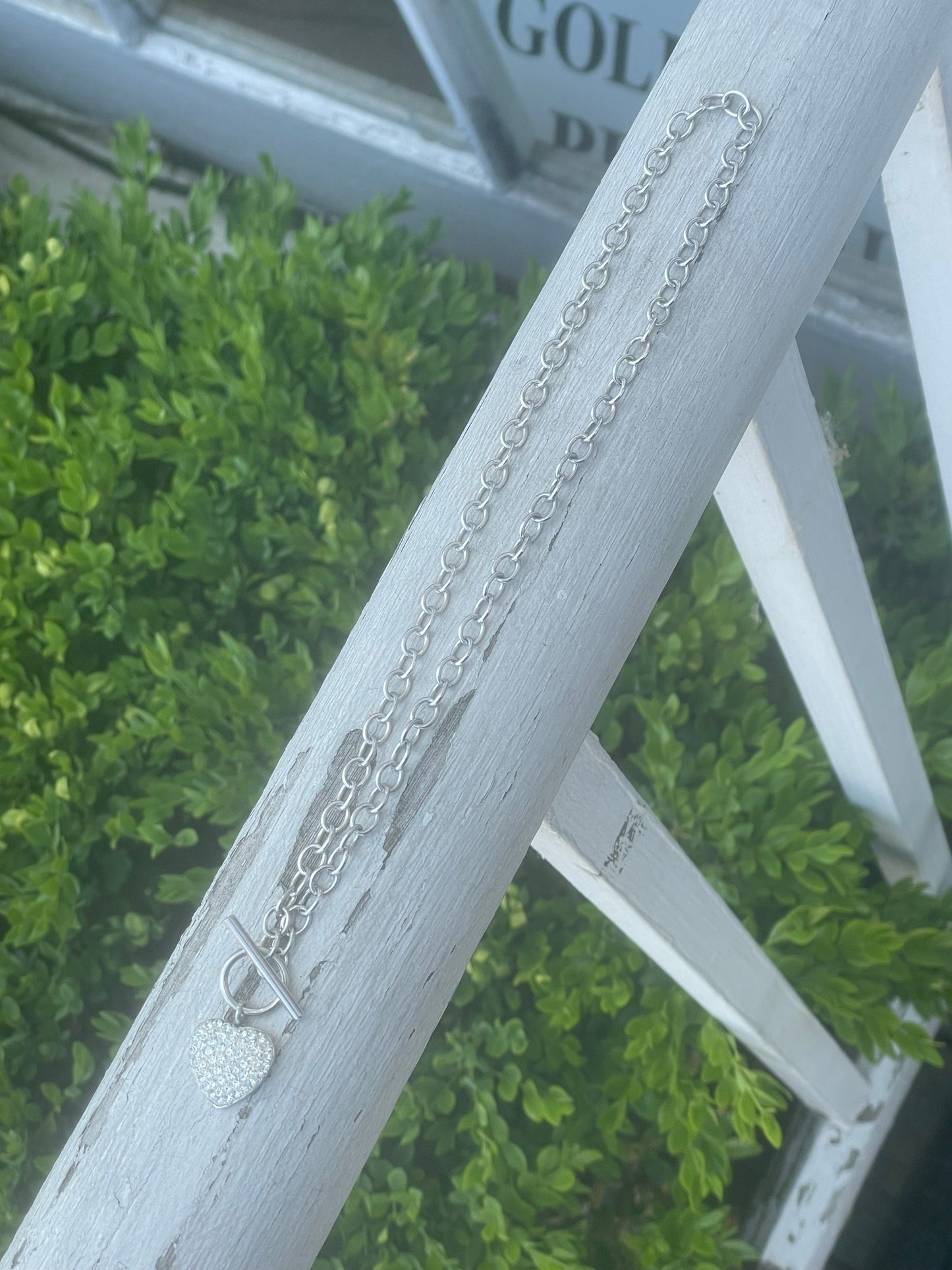 925 Sterling Tiffany style Toggle Sparkling Heart Necklace