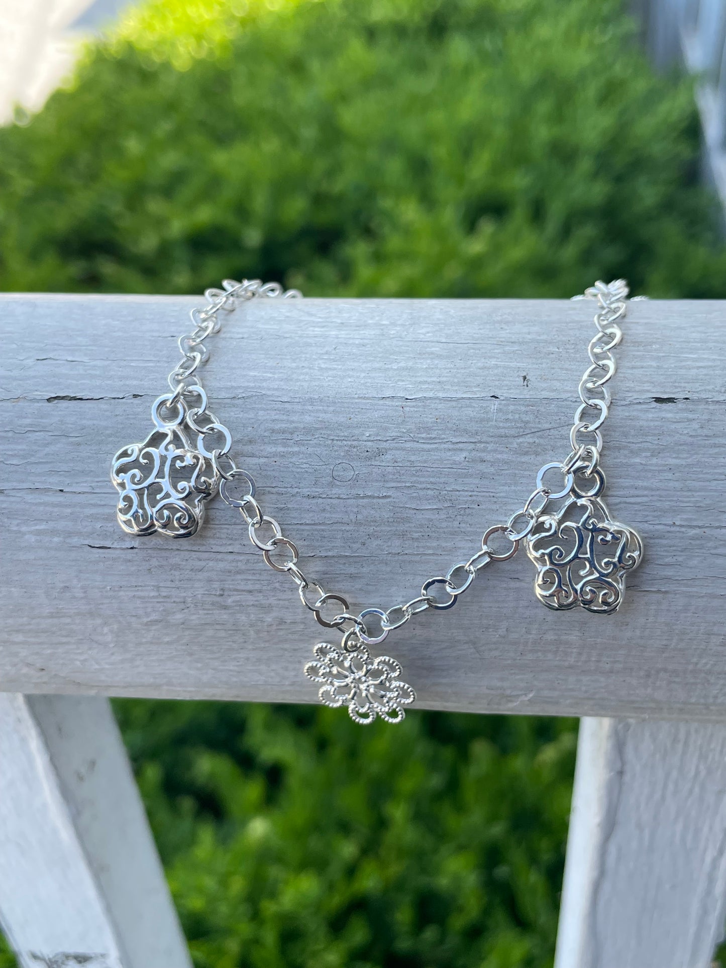 925 Sterling Silver Daisy Filigree Flower & Star Anklet