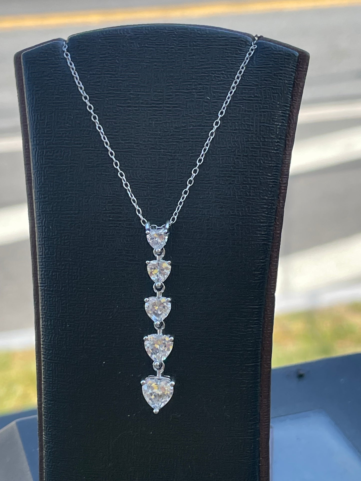925 Sterling Silver Graduated Cubic Zirconia Heart Drop Necklace