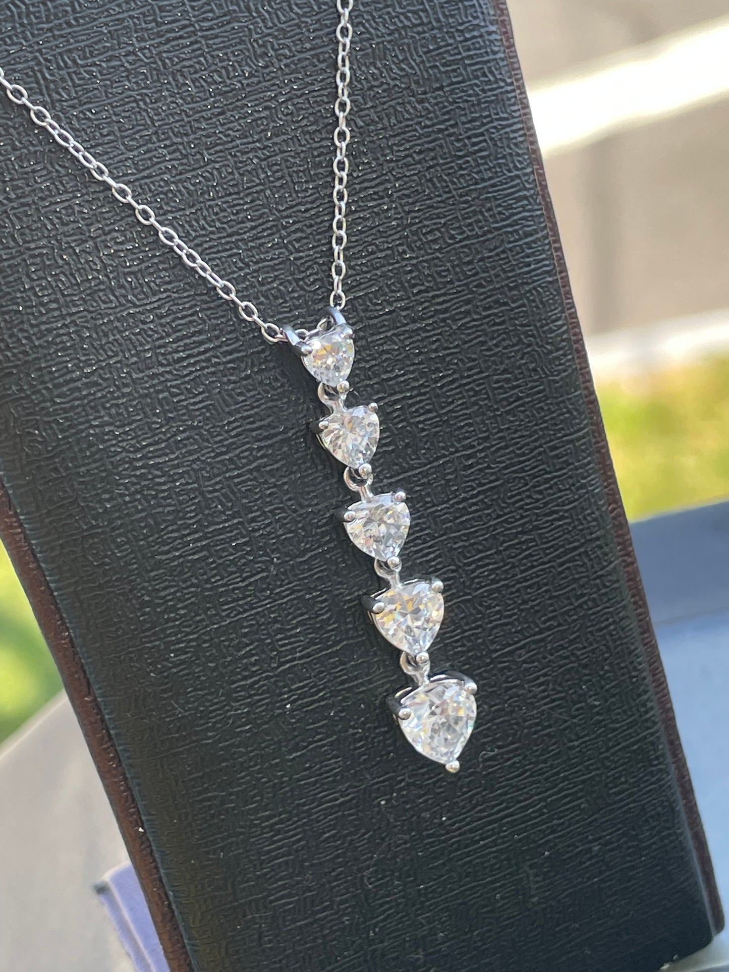 925 Sterling Silver Graduated Cubic Zirconia Heart Drop Necklace