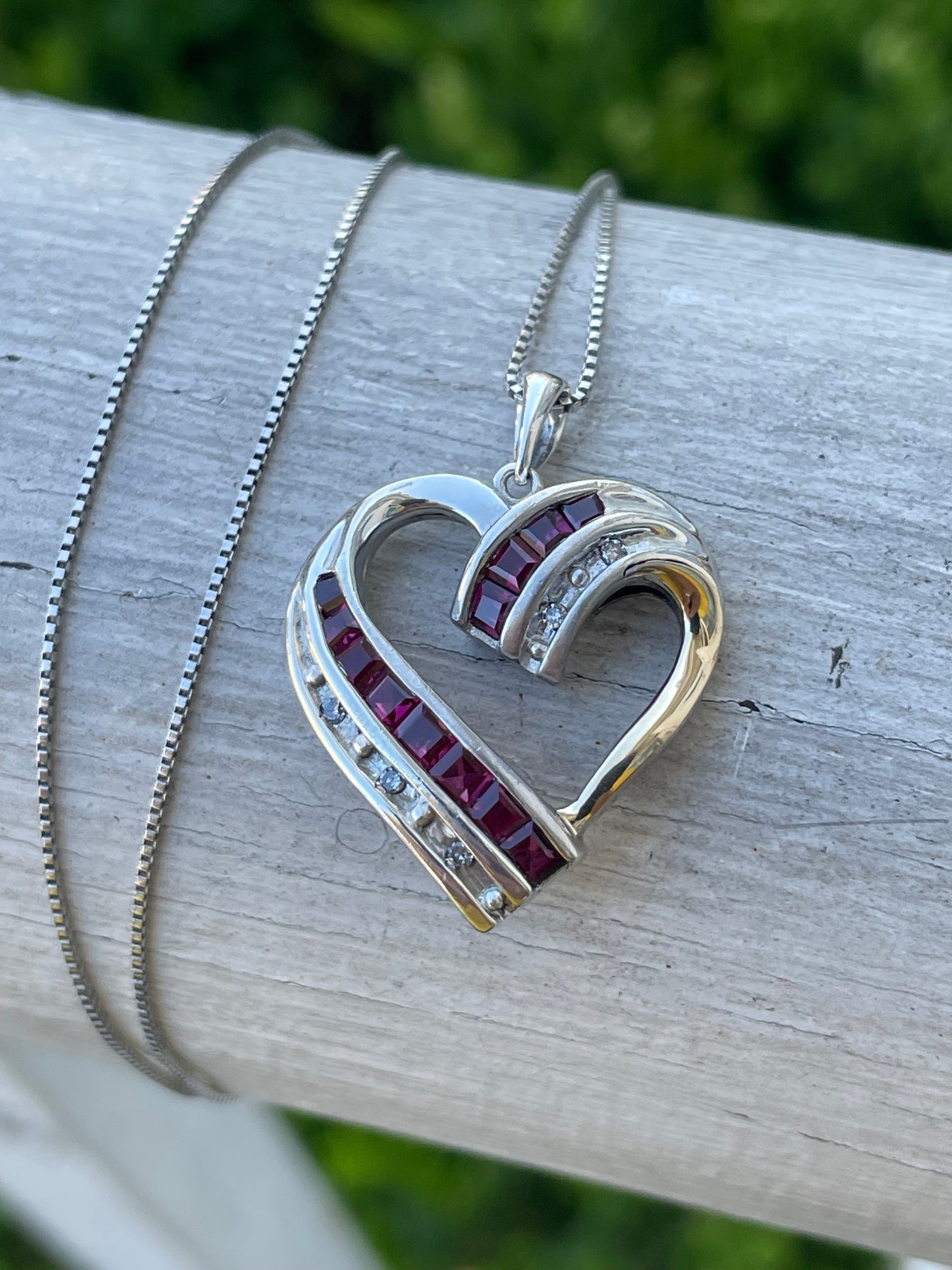 14K Gold & 925 Sterling Silver Ruby & Diamond Heart Necklace