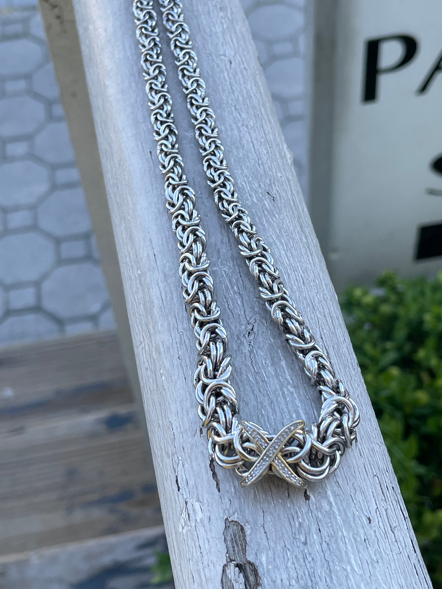 925 Sterling Silver Graduated Byzantine with Diamond X center Necklace