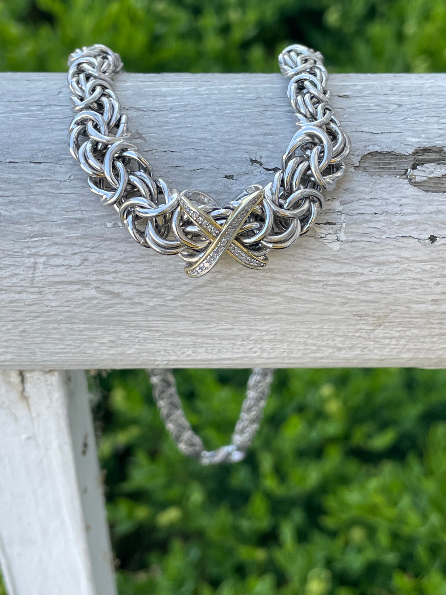 925 Sterling Silver Graduated Byzantine with Diamond X center Necklace