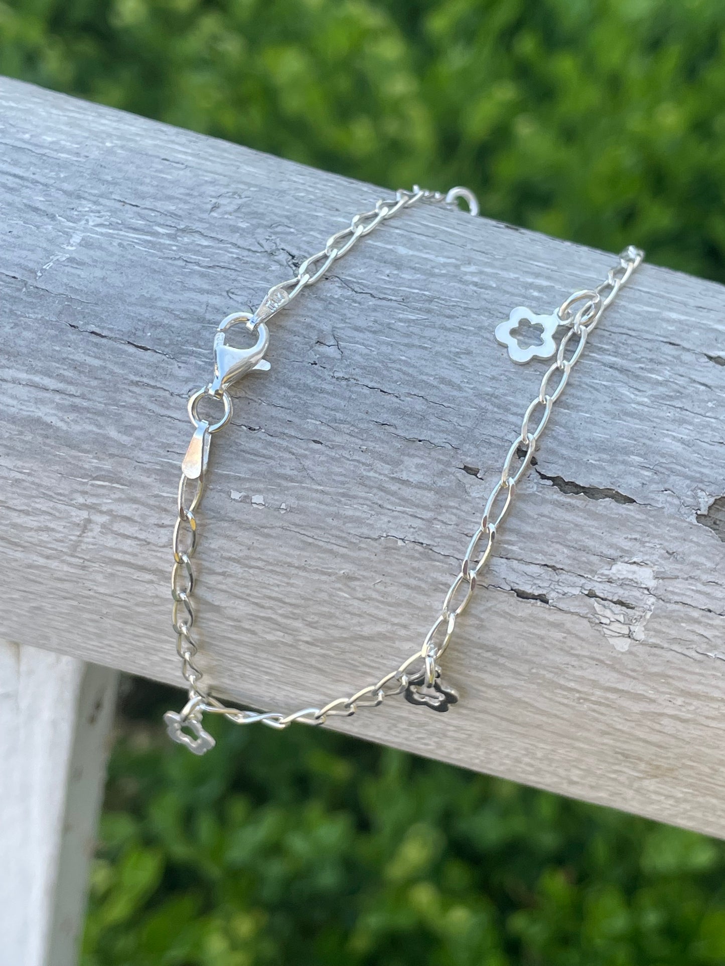 925 Sterling Silver Flower Charm Dangle Anklet / Ankle Bracelet 10”