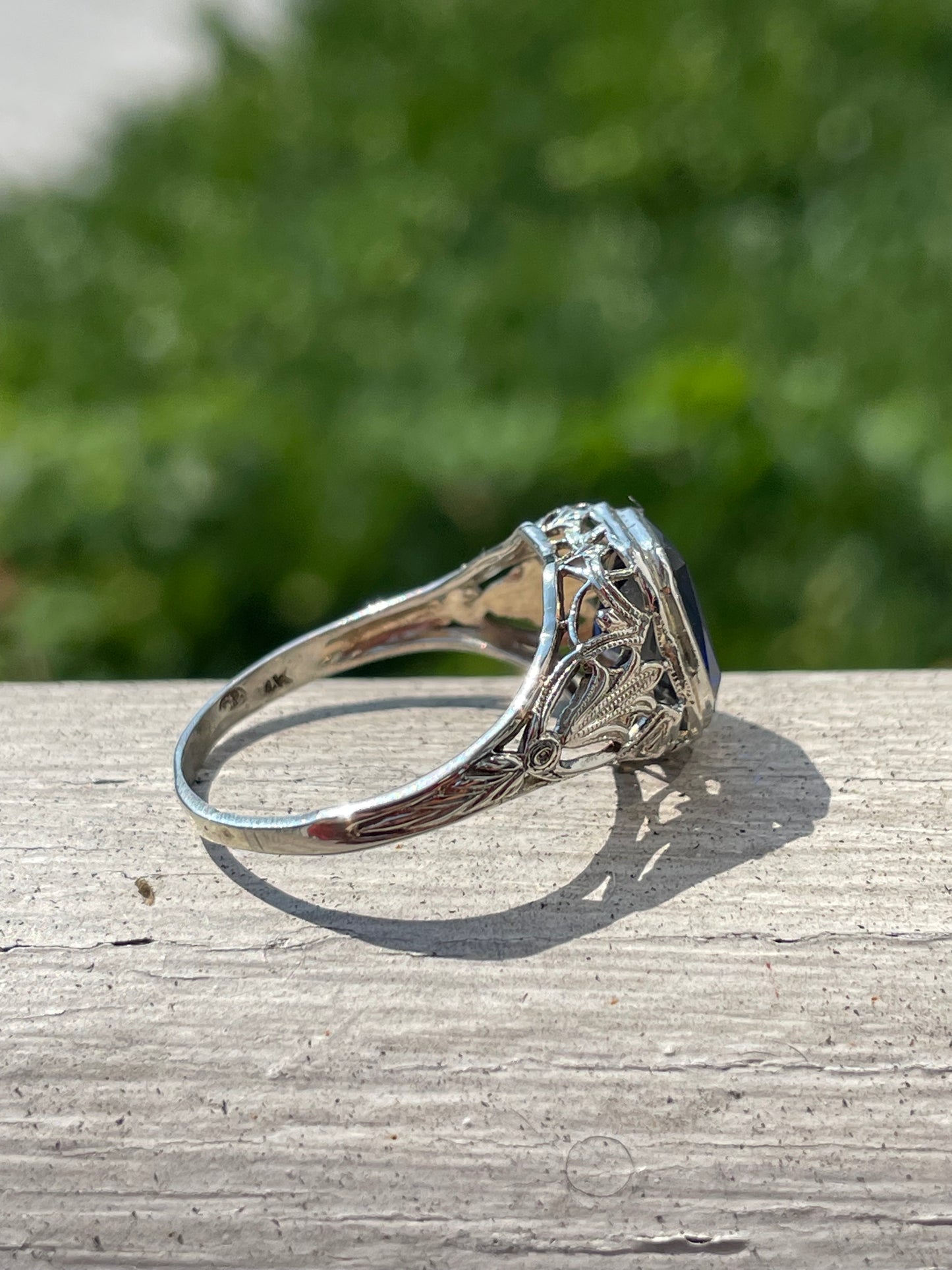 Antique 14k White Gold Lab Created Sapphire Statement Ring