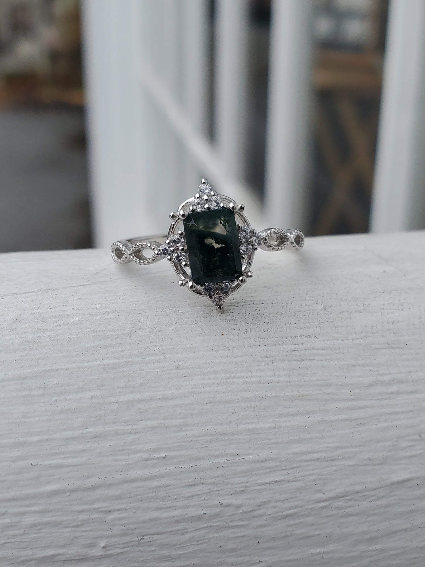 925 Sterling Silver Emerald Cut Mossy Agate Zirconia Ring